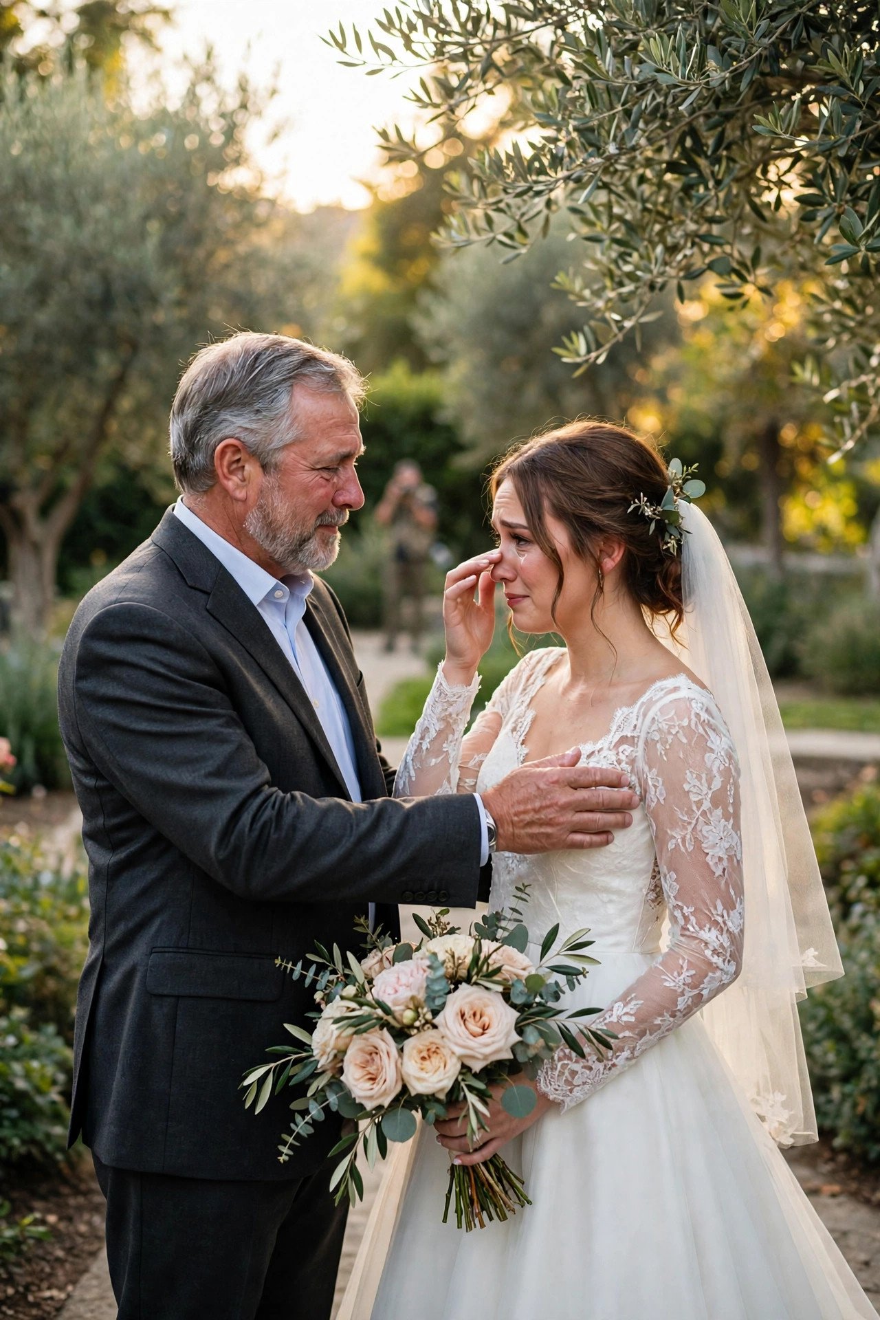 Father and daughter sharing a private first look with no onlookers, photographer at a distance