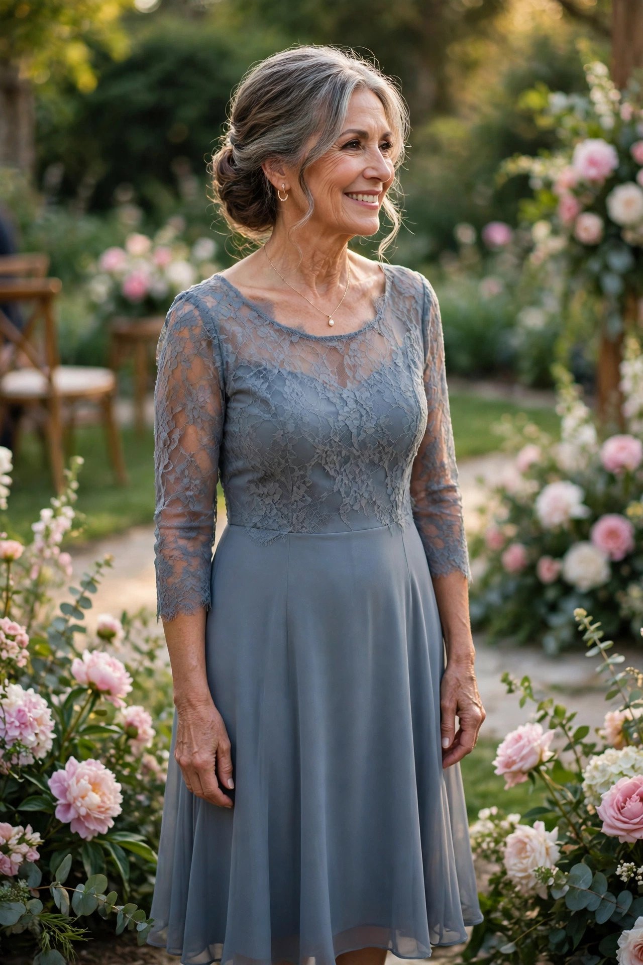 Mother of the bride in a tea-length dress at an afternoon garden wedding