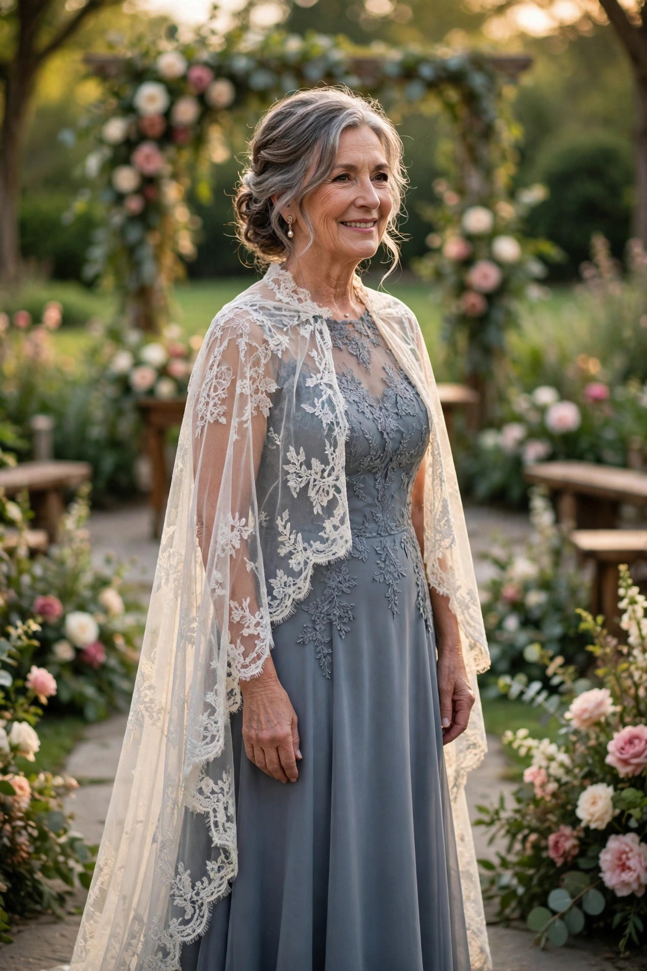 Mother of the bride wearing a gown with an elegant cape overlay at a formal wedding