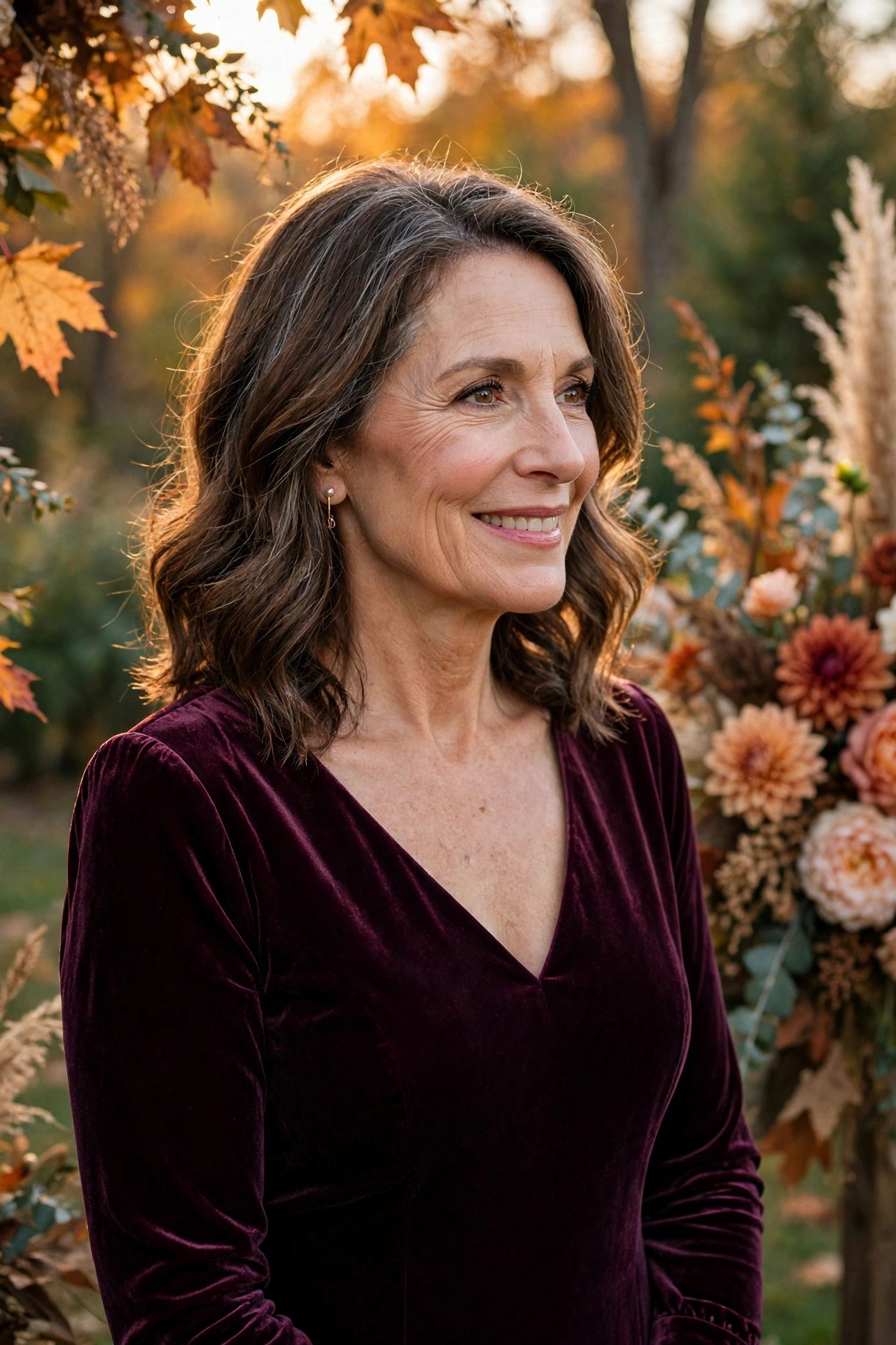 Mother of the bride in a velvet dress at an autumn wedding with warm lighting