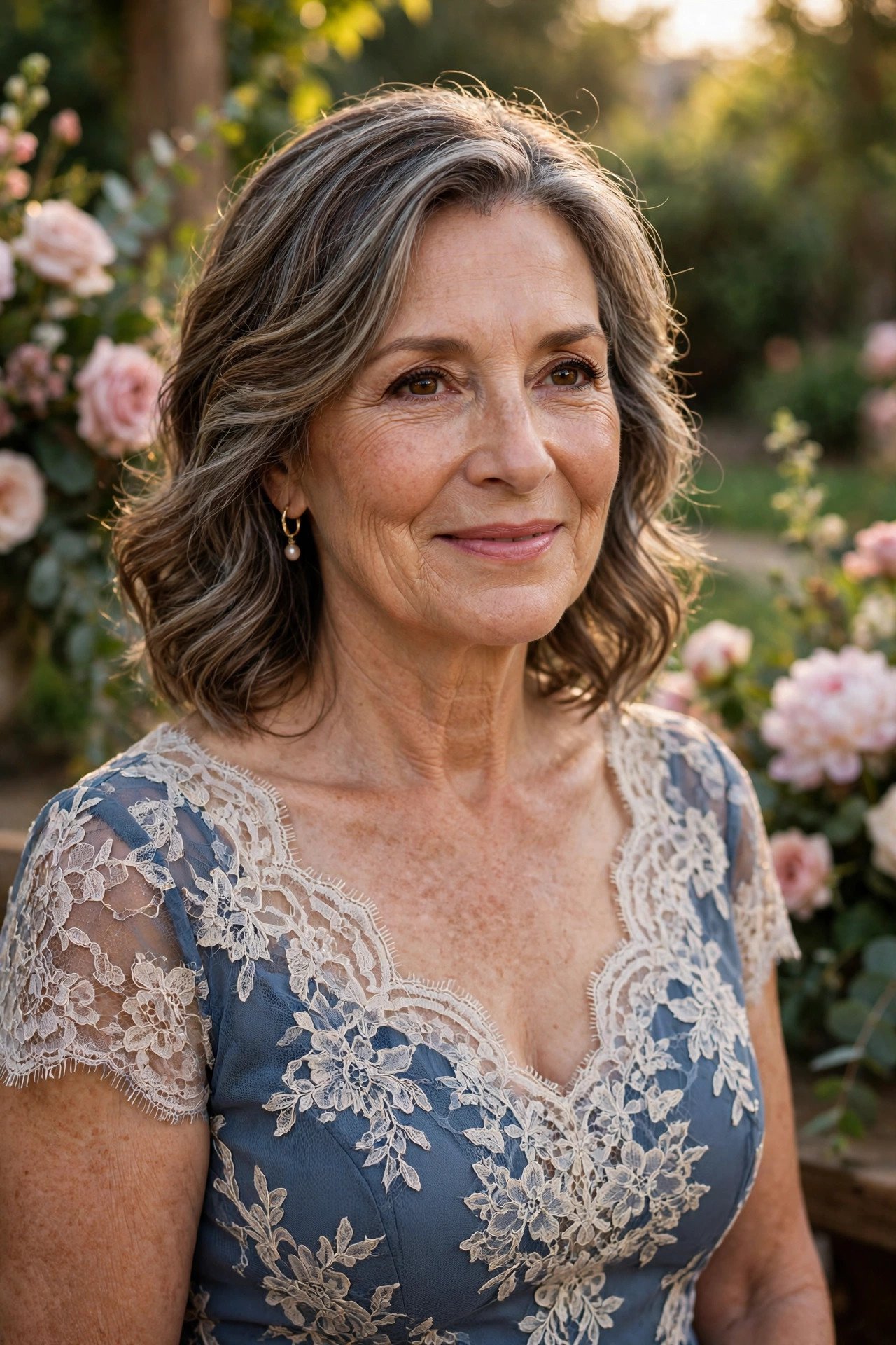 Mother of the bride wearing a dress with lace detailing at the bodice
