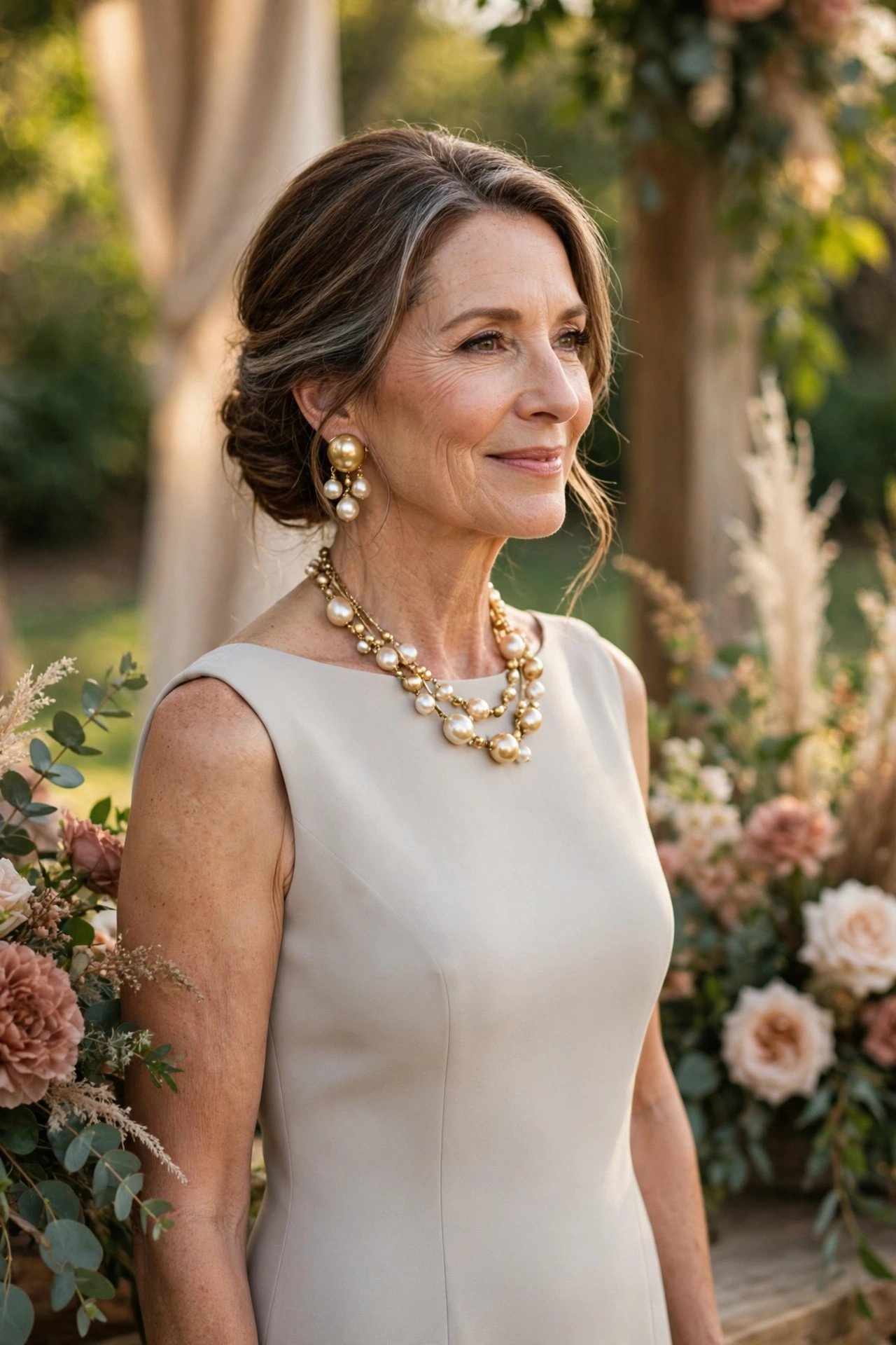 Mother of the bride in a simple column dress wearing statement jewelry