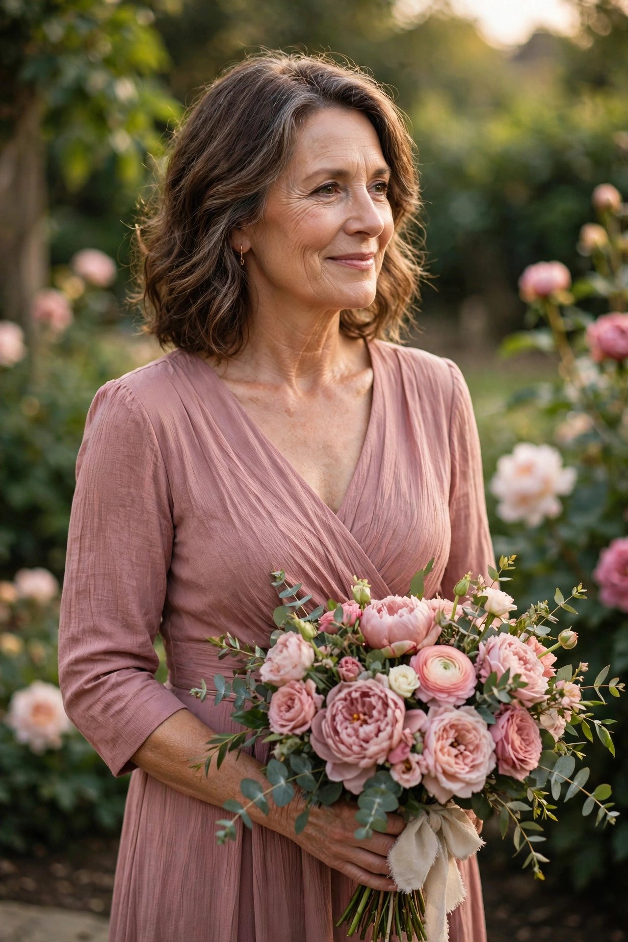 Mother of the bride wearing a dress in a color drawn from the wedding flower palette