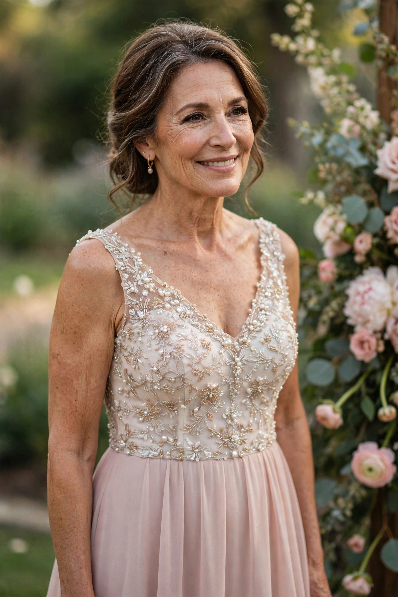 Mother of the bride wearing a beaded bodice with a plain flowing skirt