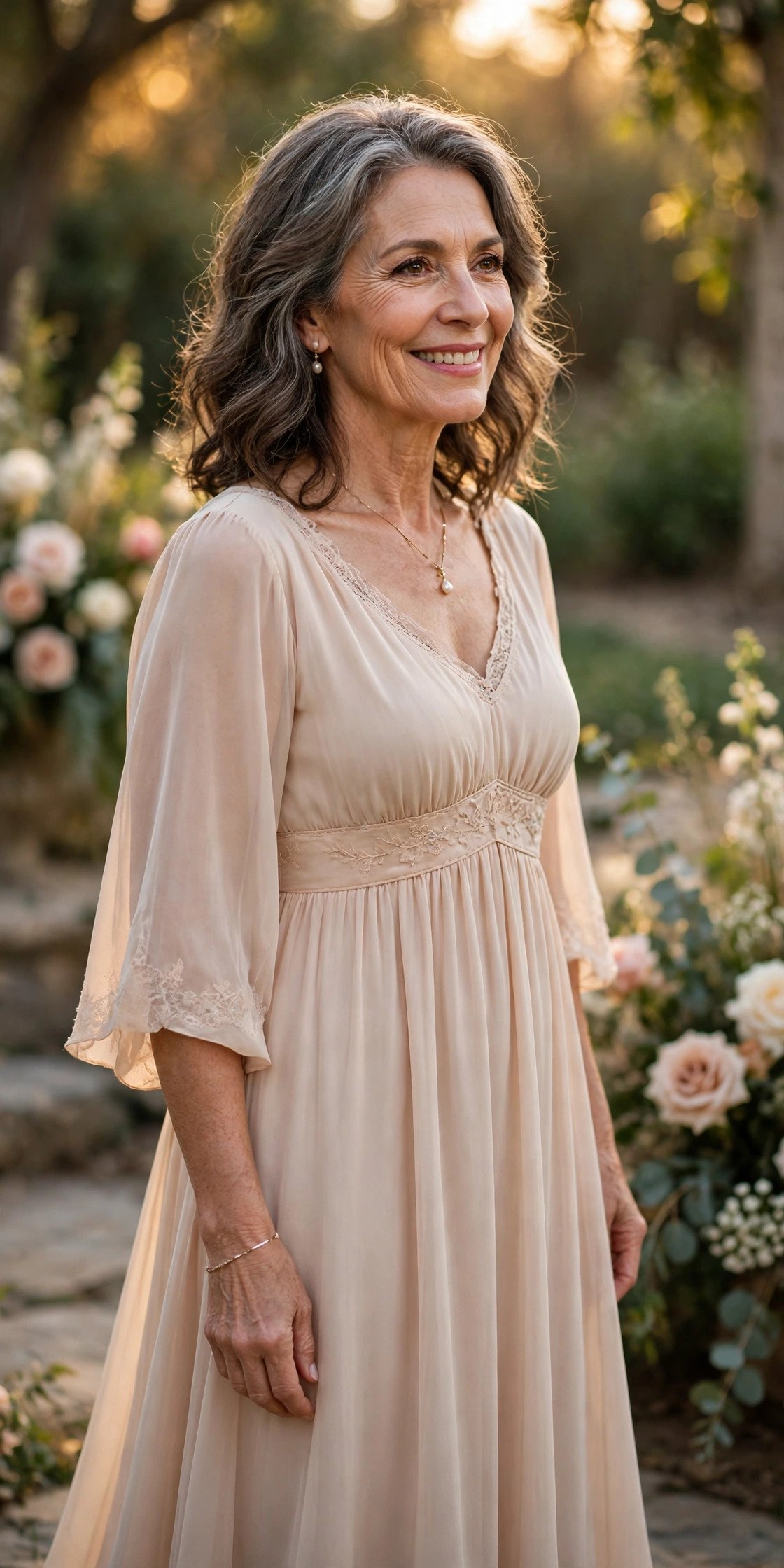 Mother of the bride in an empire-waist dress with a flowing skirt