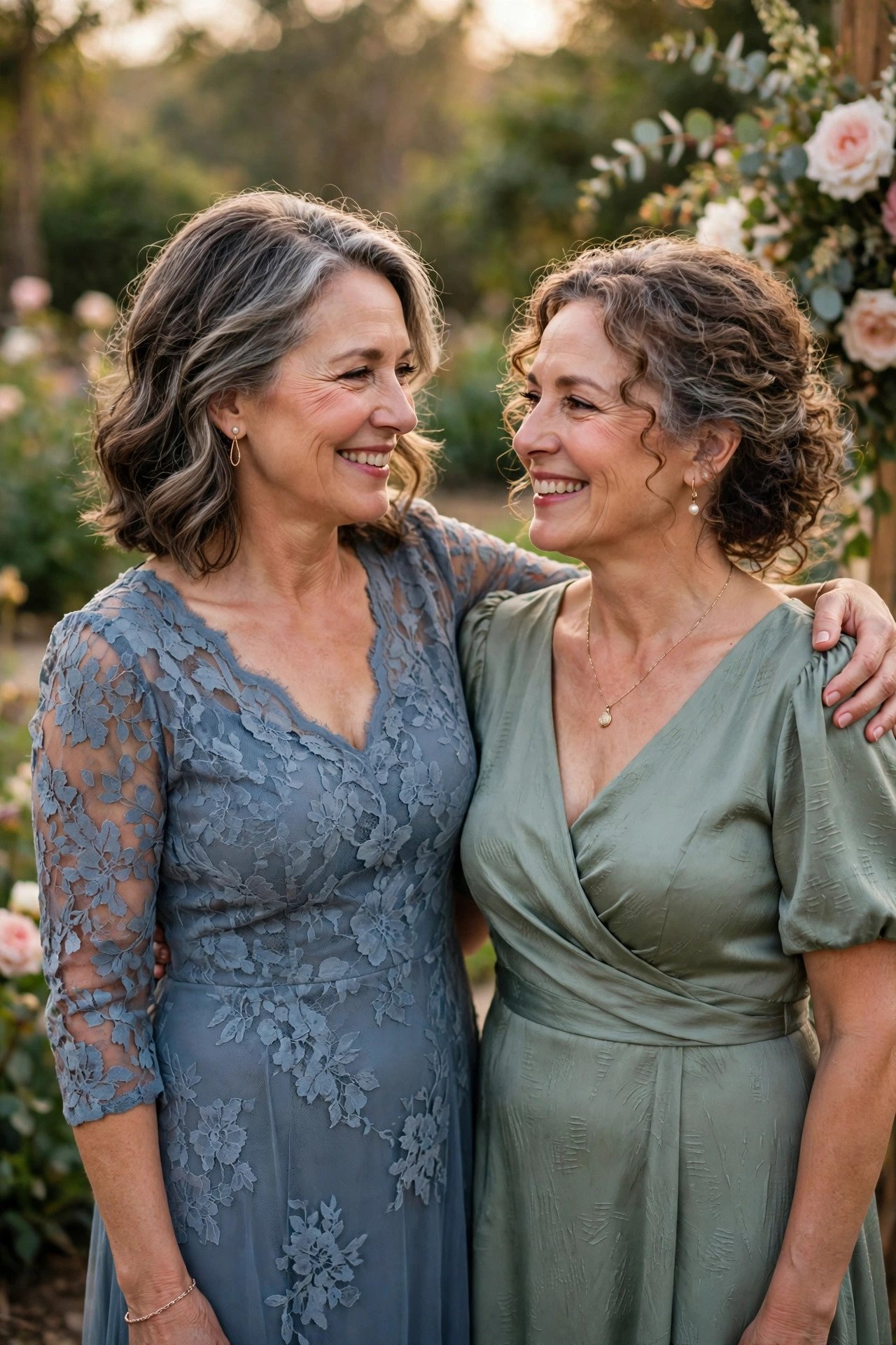 Mother of the bride and mother of the groom in coordinated but different dresses