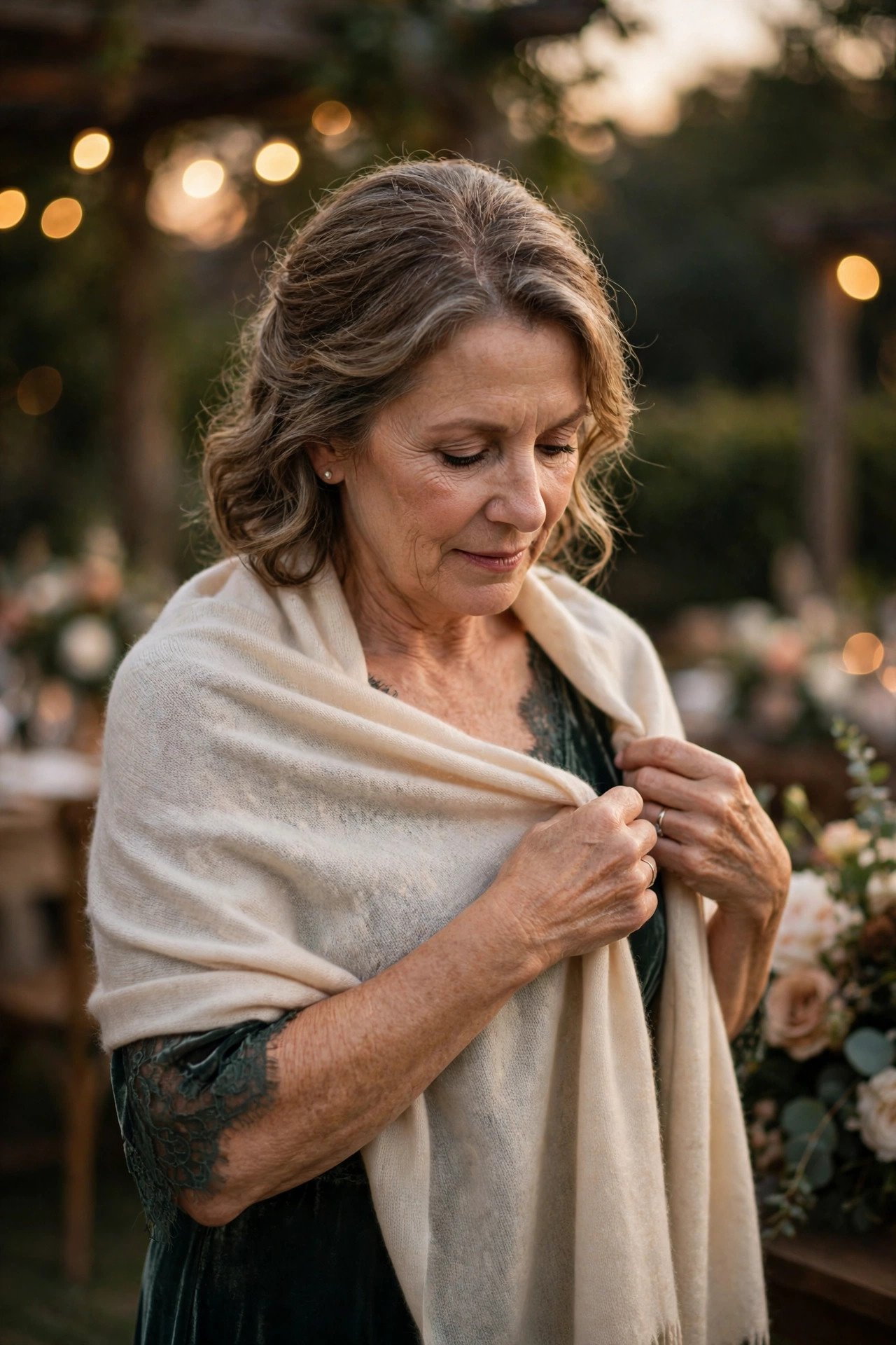 Mother of the bride draping an elegant wrap over her shoulders at an evening wedding