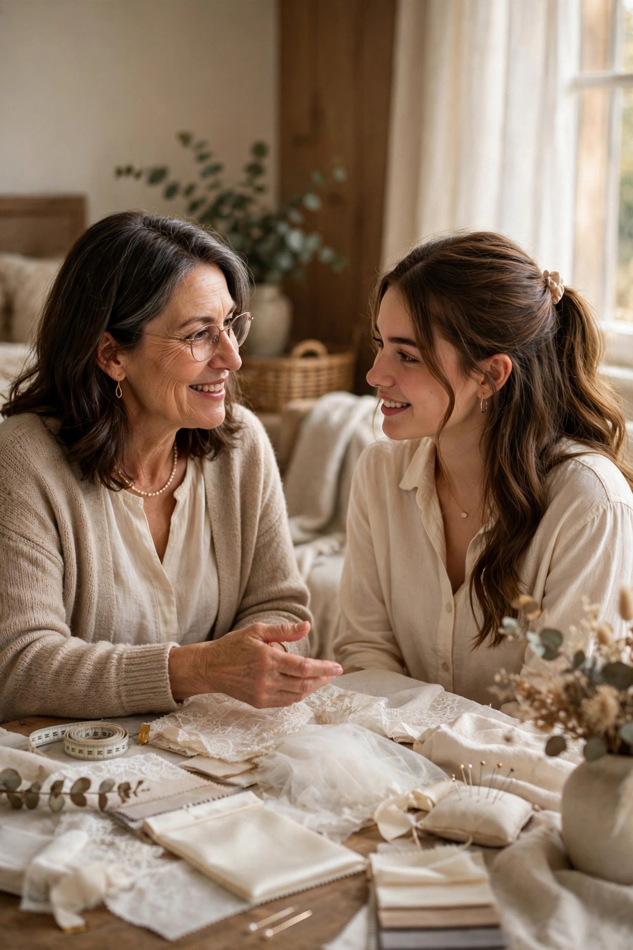 Mother of the bride discussing dress choices with her daughter before shopping