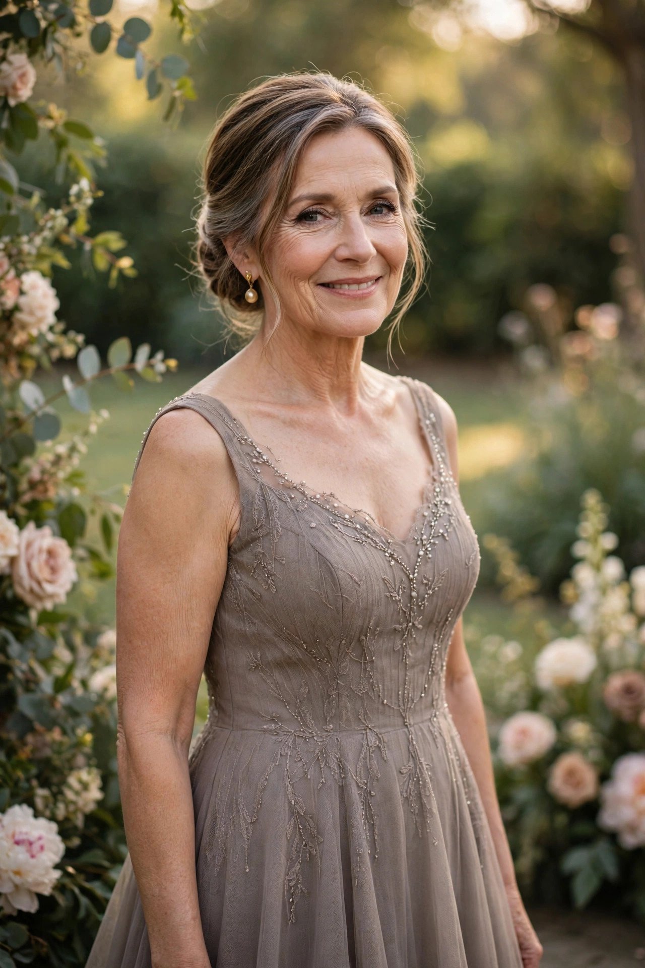 Mother of the groom in a taupe A-line gown with delicate beading
