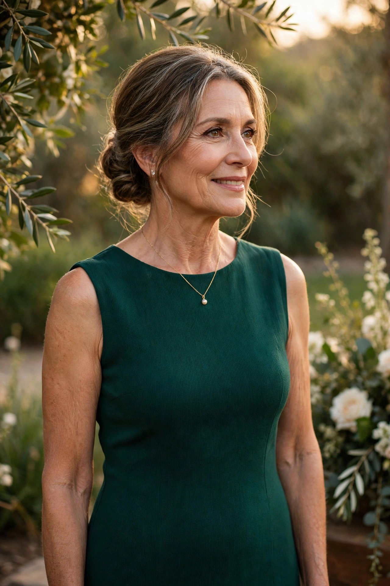 Mother of the groom in an emerald green jersey column dress