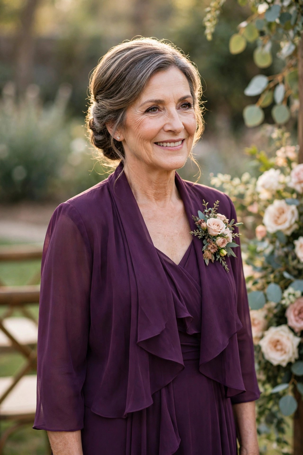 Mother of the groom wearing a plum chiffon dress with a matching jacket
