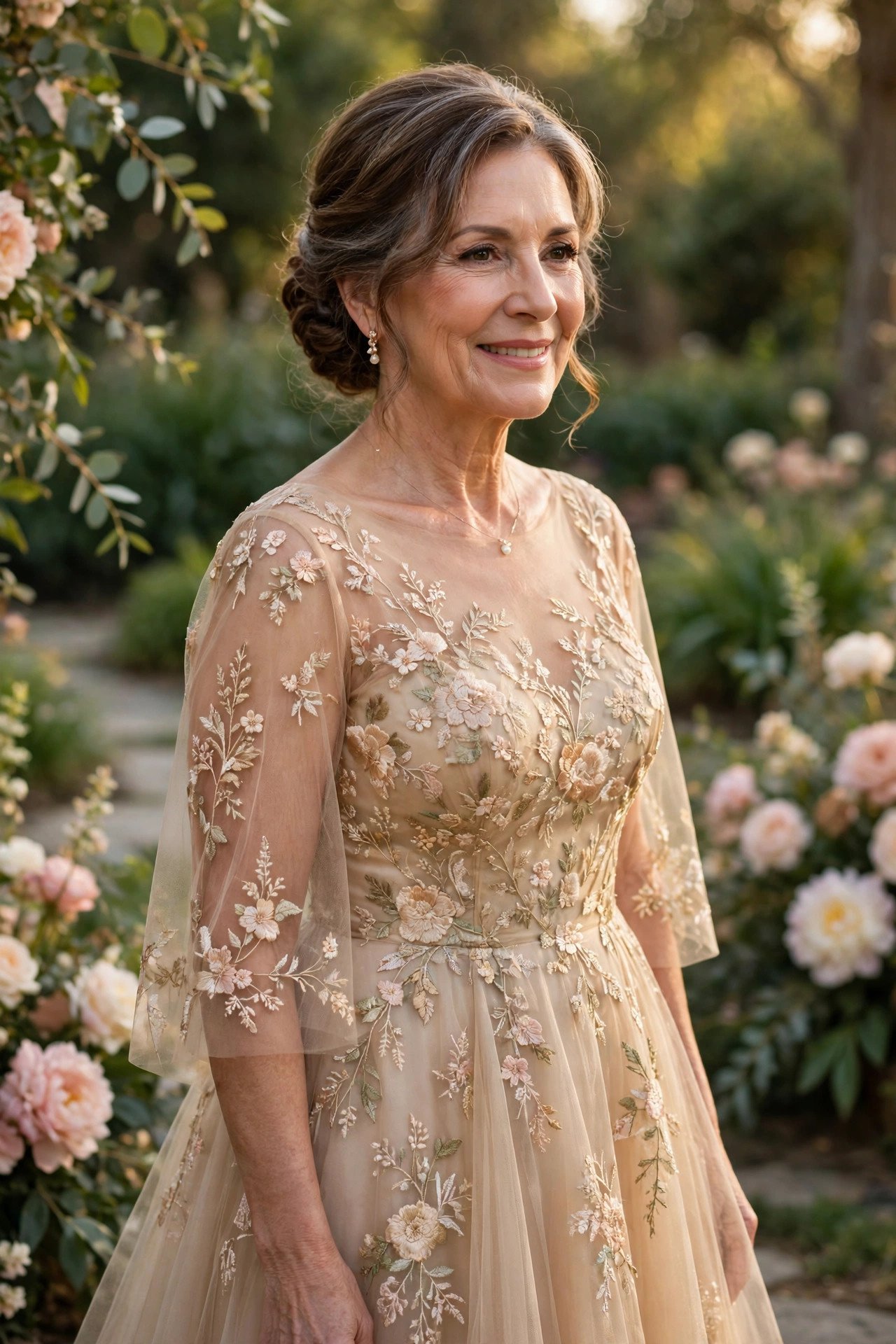 Mother of the groom wearing a champagne tulle dress with floral embroidery