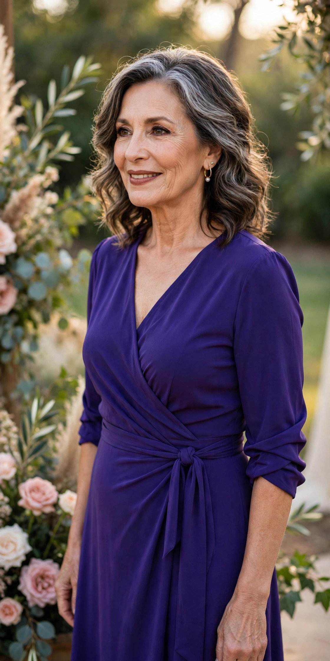 Mother of the groom in a royal purple wrap midi dress
