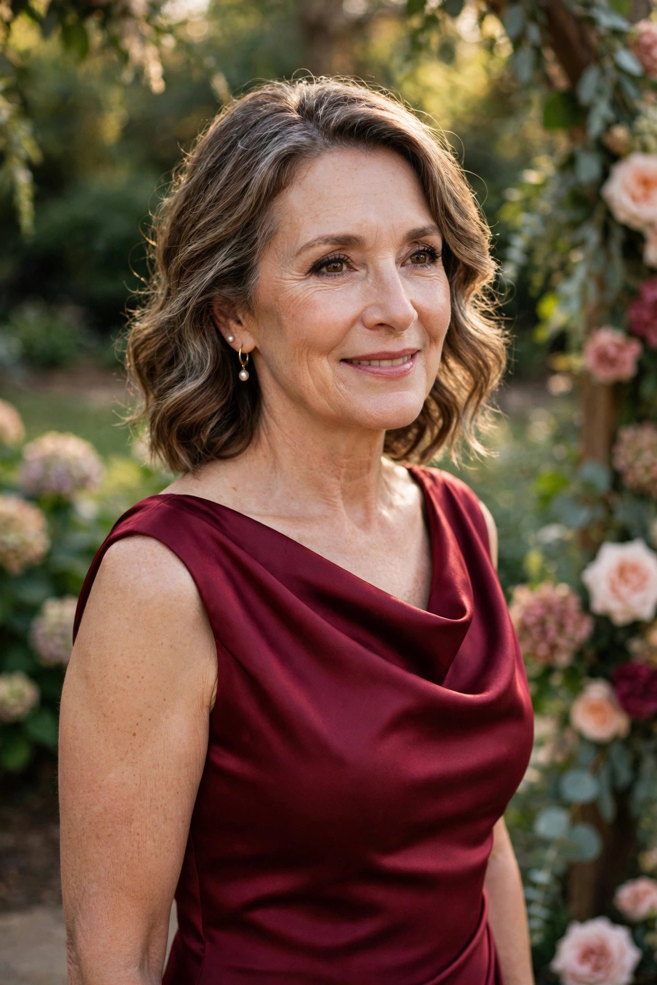 Mother of the groom in a wine red satin sheath dress with a draped neckline