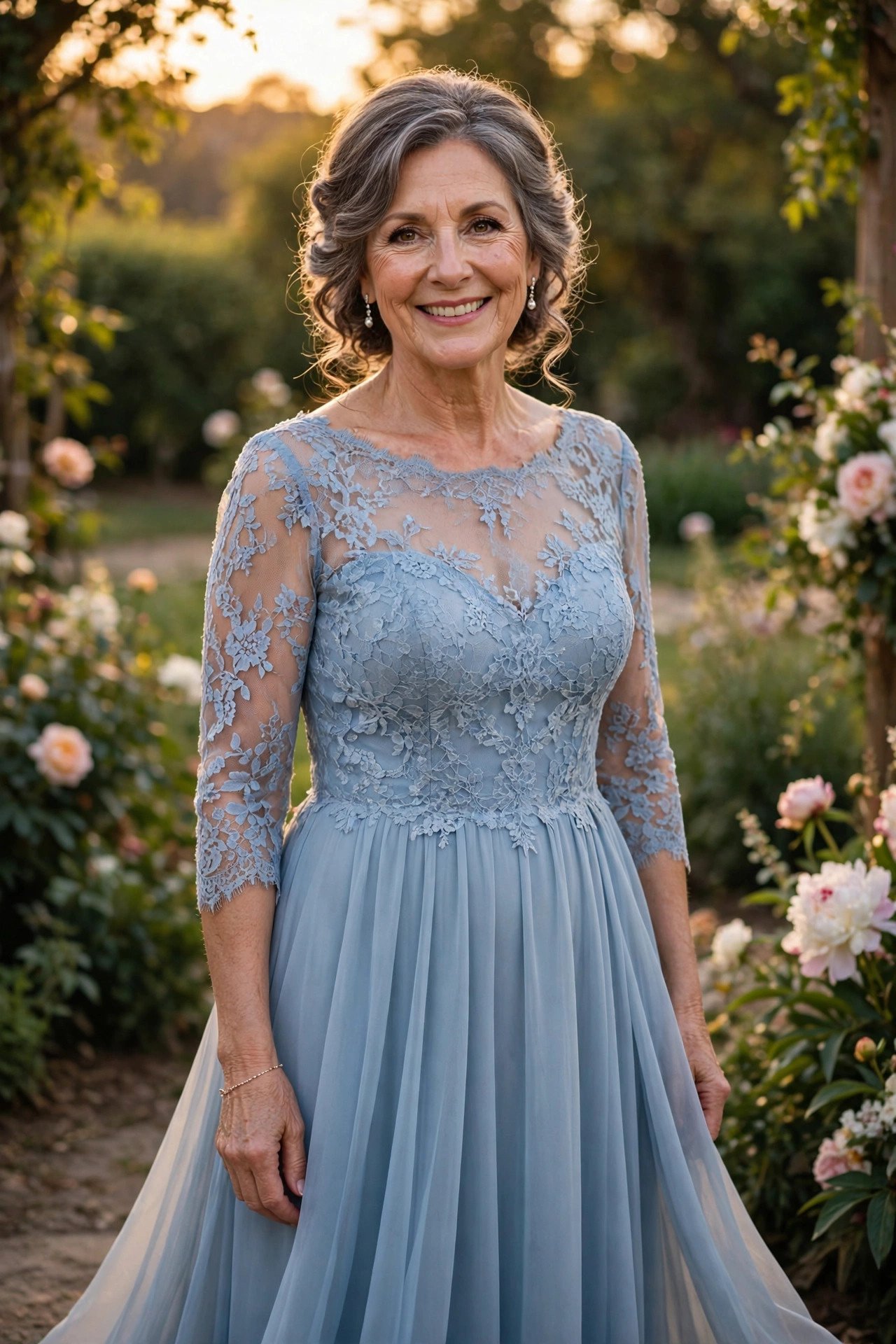 Mother of the groom wearing a powder blue lace bodice and chiffon skirt gown