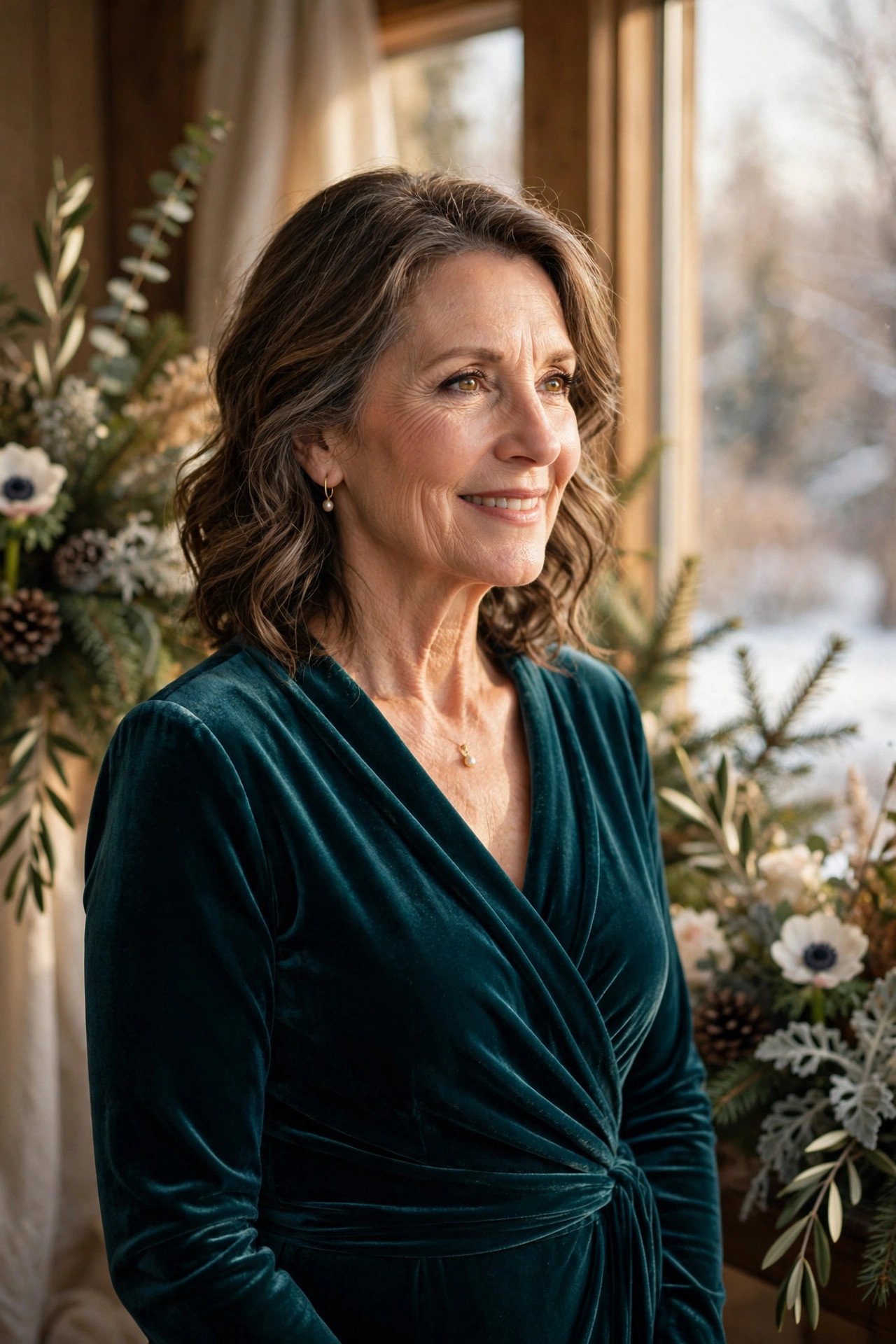 Mother of the groom wearing a teal velvet wrap gown for a winter wedding