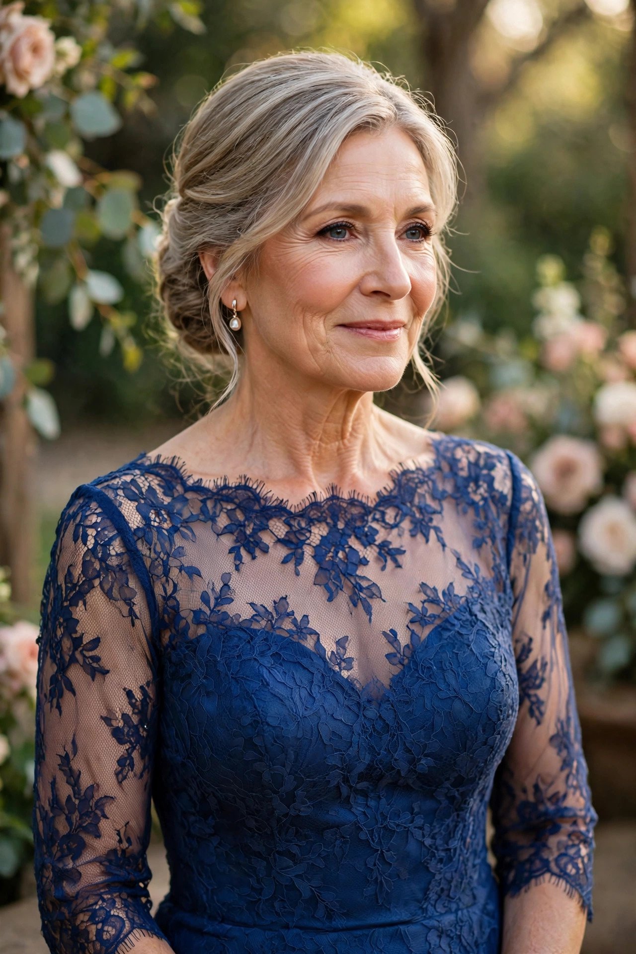 Mother of the groom wearing a sapphire lace gown with an illusion neckline