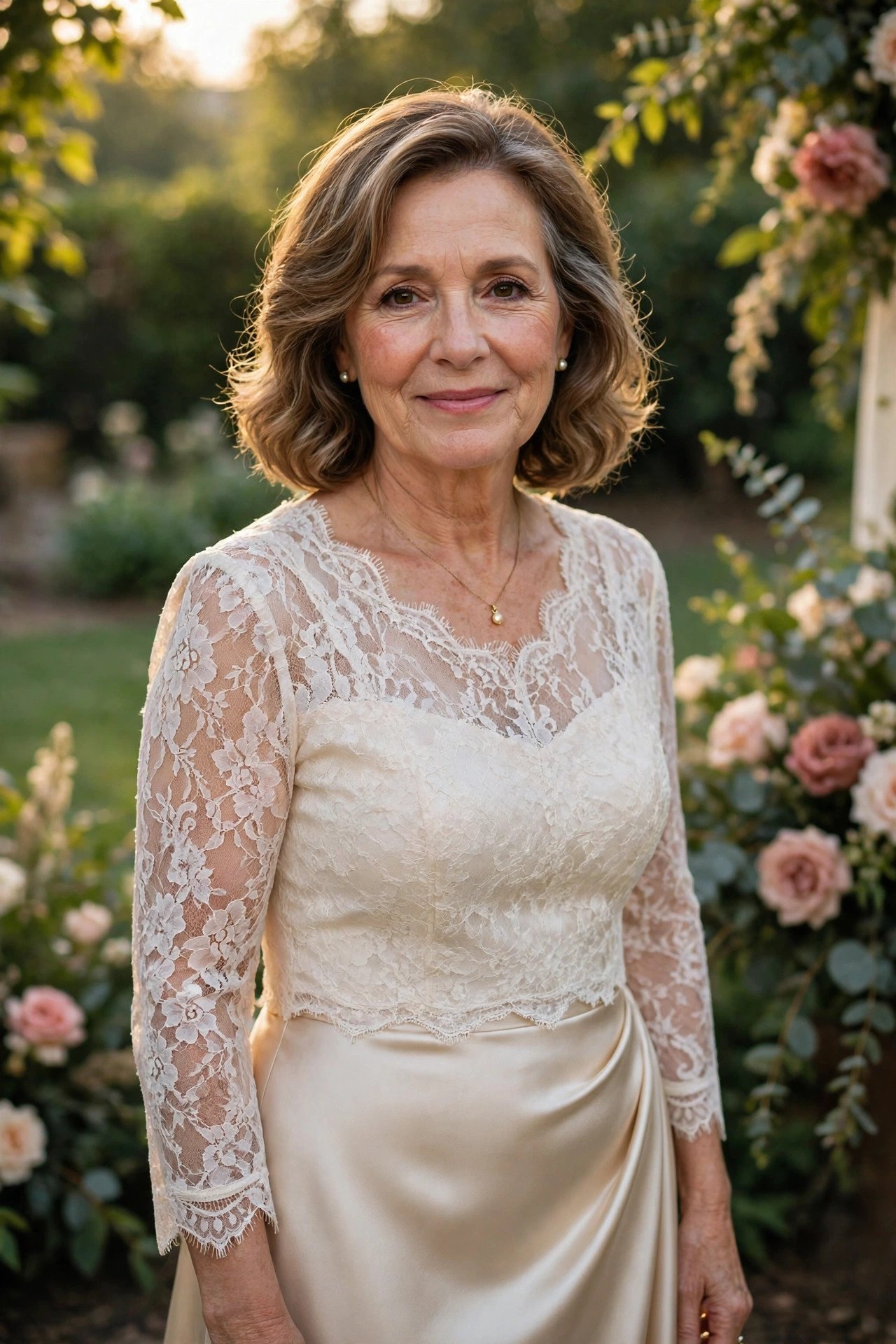 Mother of the groom wearing a two-piece outfit with a lace top and satin skirt