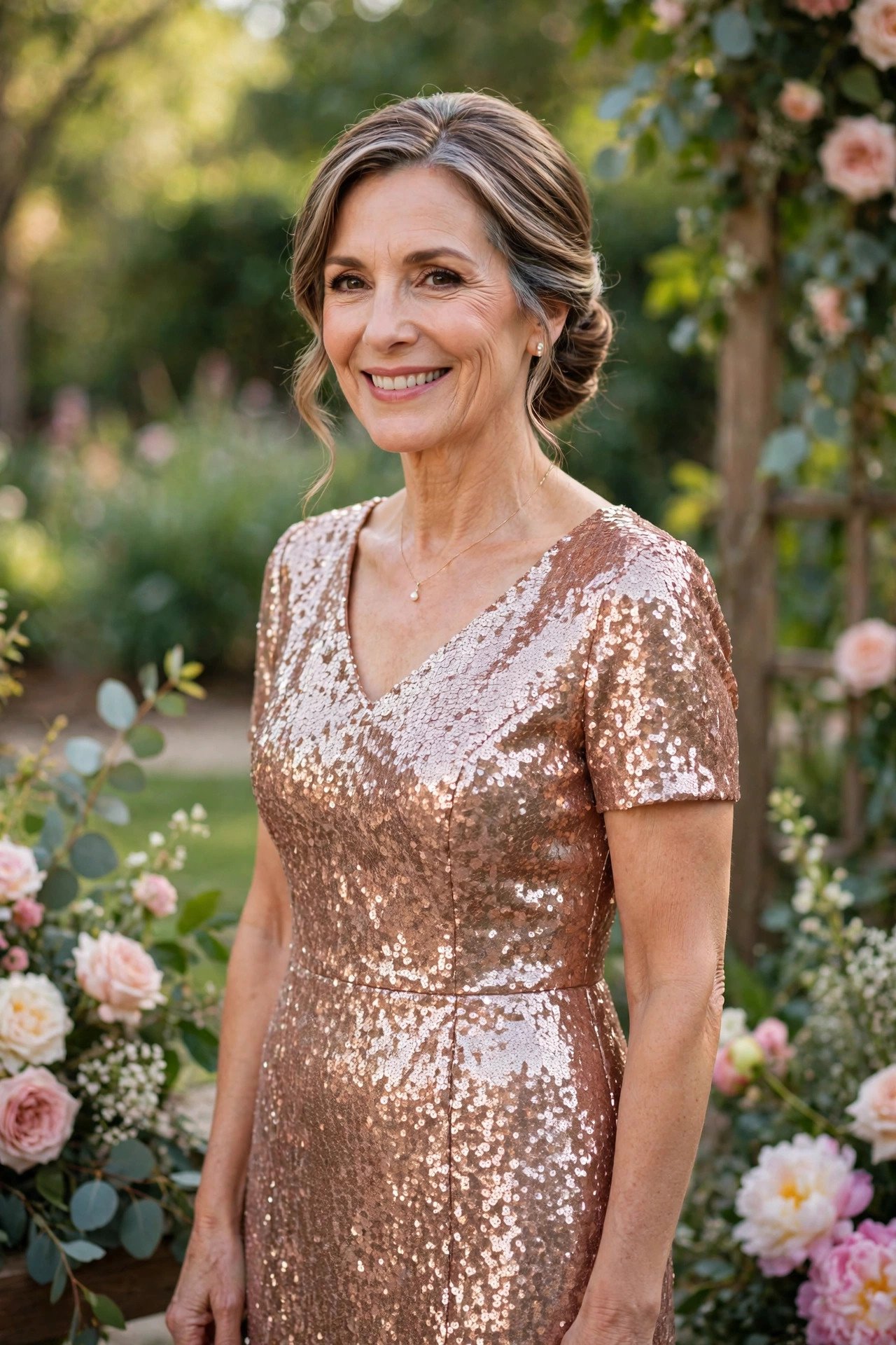 Mother of the groom in a rose gold sequin midi dress