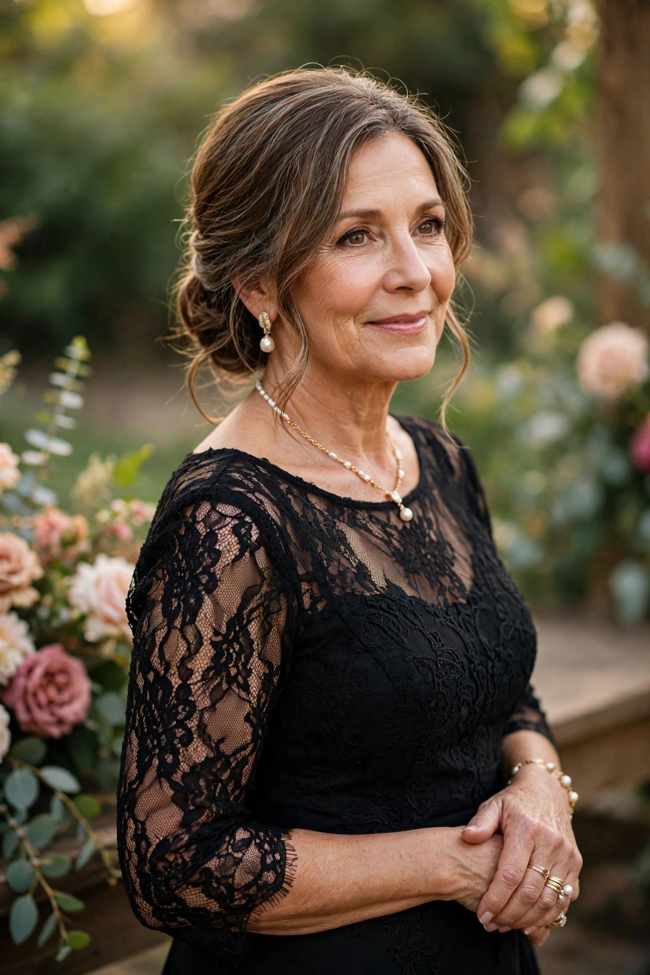 Mother of the groom wearing an elevated black dress with elegant jewelry for a wedding