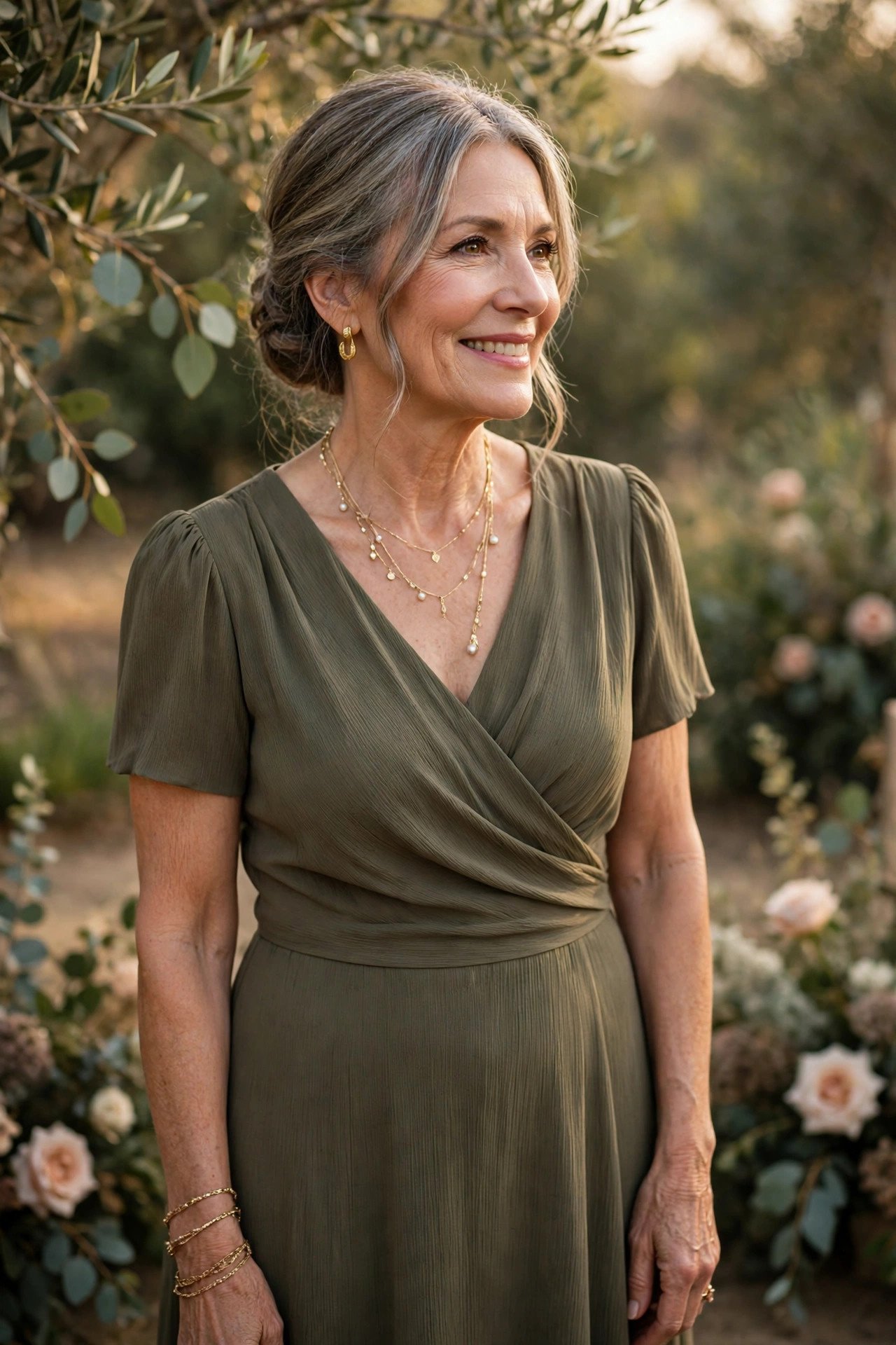 Mother of the groom wearing an olive crepe midi dress styled with gold accessories