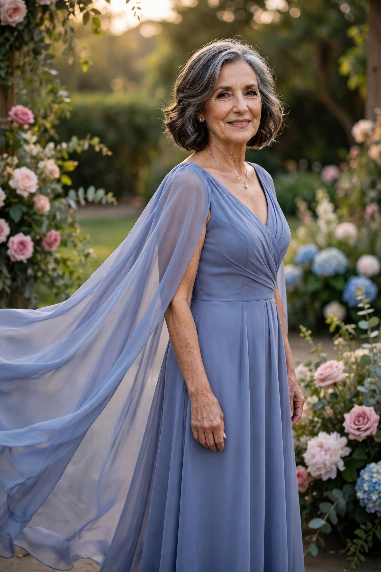 Mother of the groom wearing a periwinkle chiffon dress with a flowing cape back