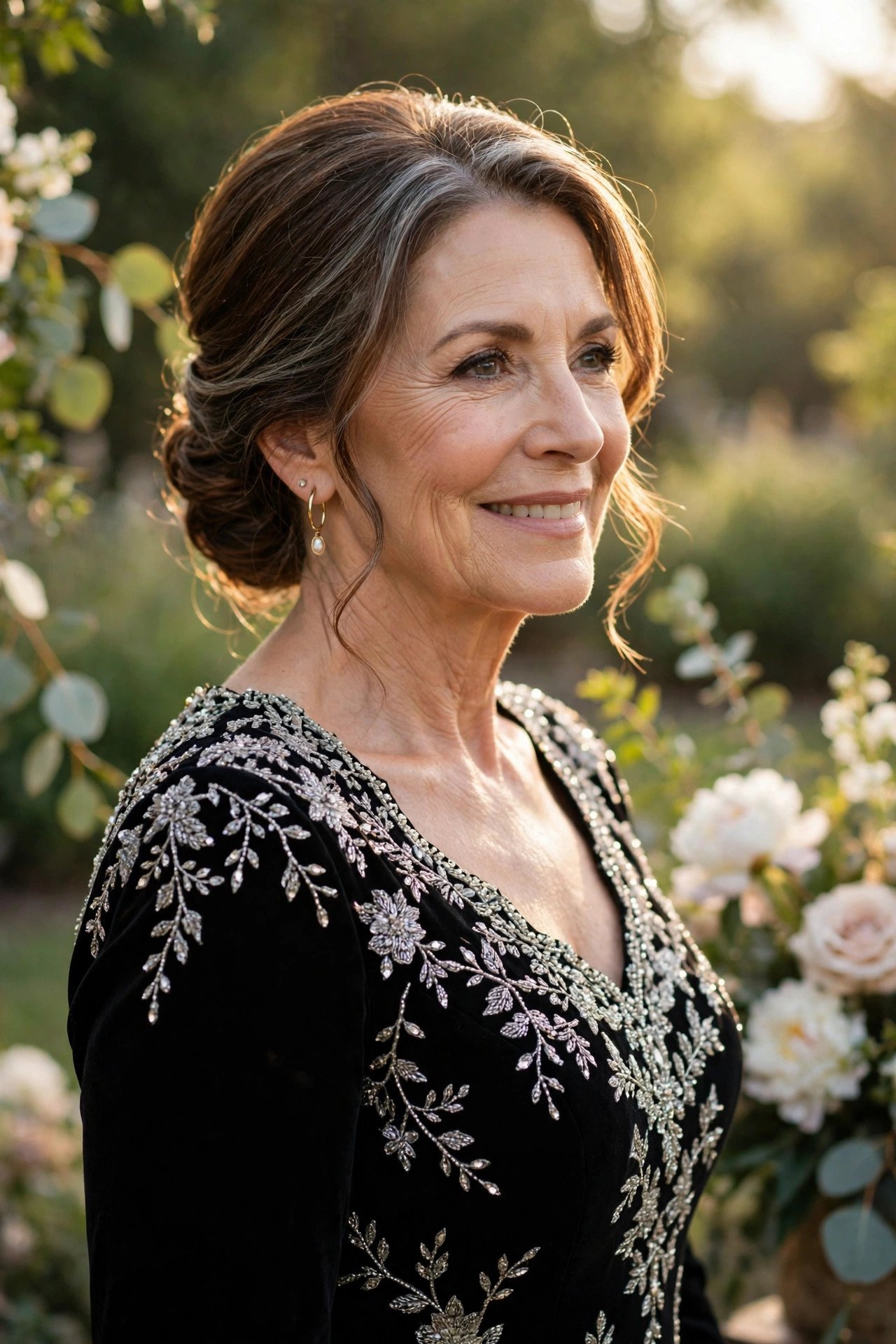 Mother of the groom in a black gown with silver beading for a black-tie wedding