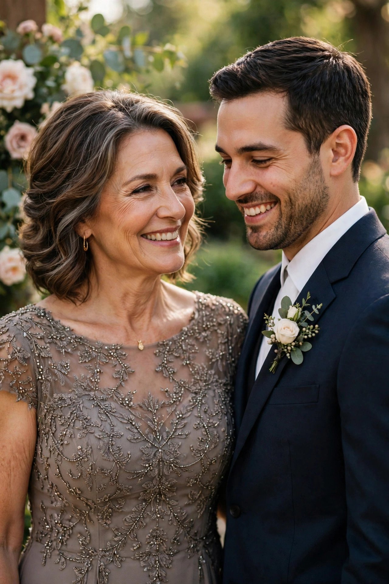 Elegant mother of the groom in a taupe beaded gown smiling beside her son on his wedding day