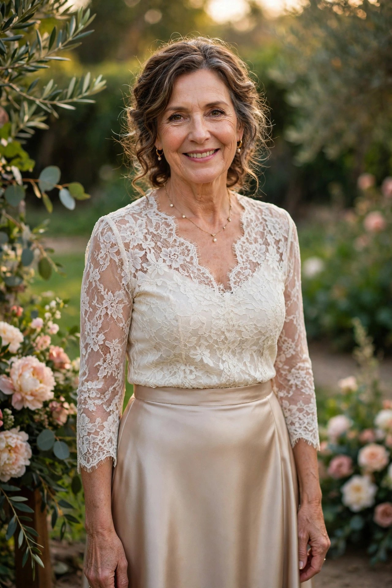 Mother of the groom wearing a lace top with a satin midi skirt as separates
