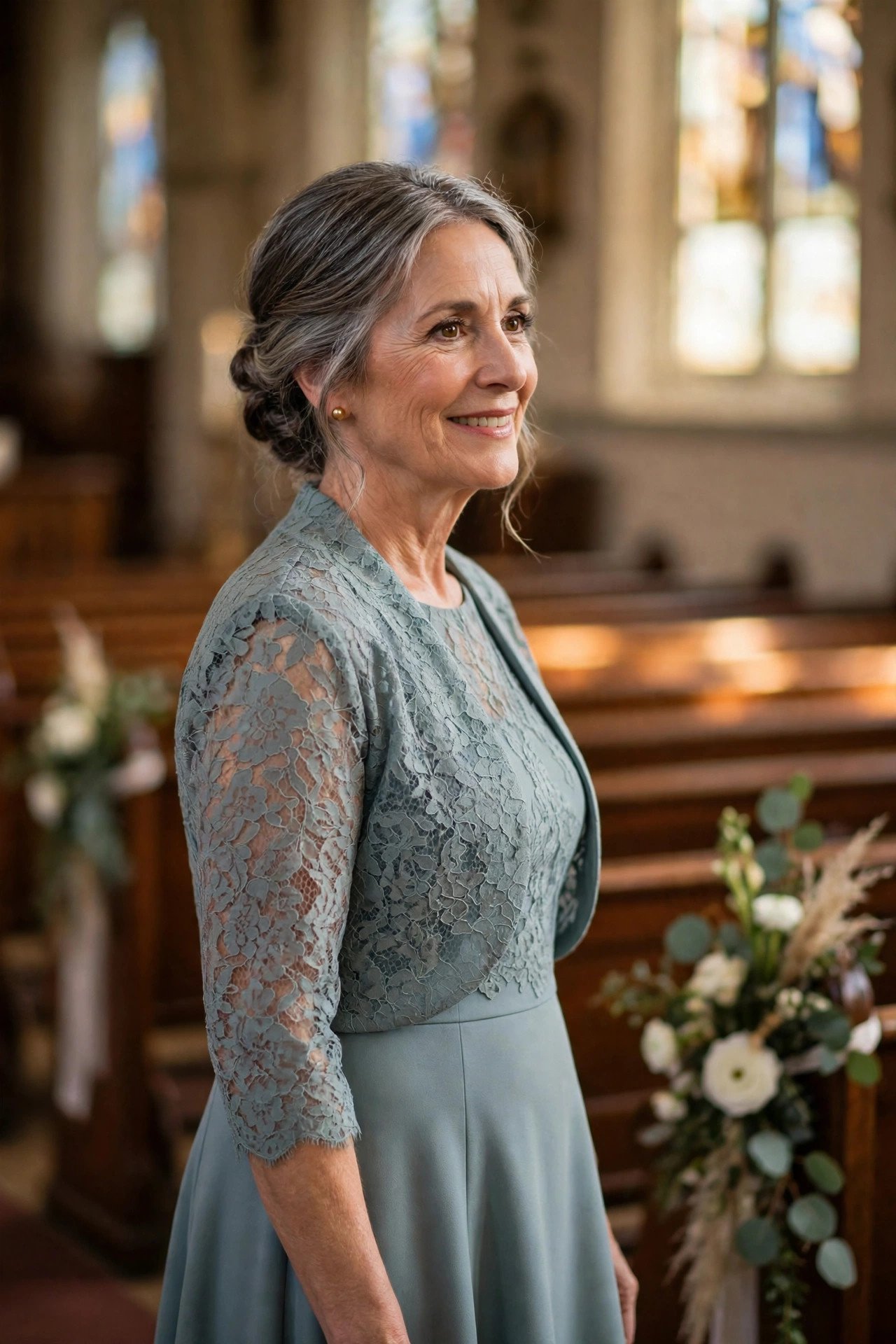 Mother of the groom in a tea-length dress with a bolero jacket at a church wedding