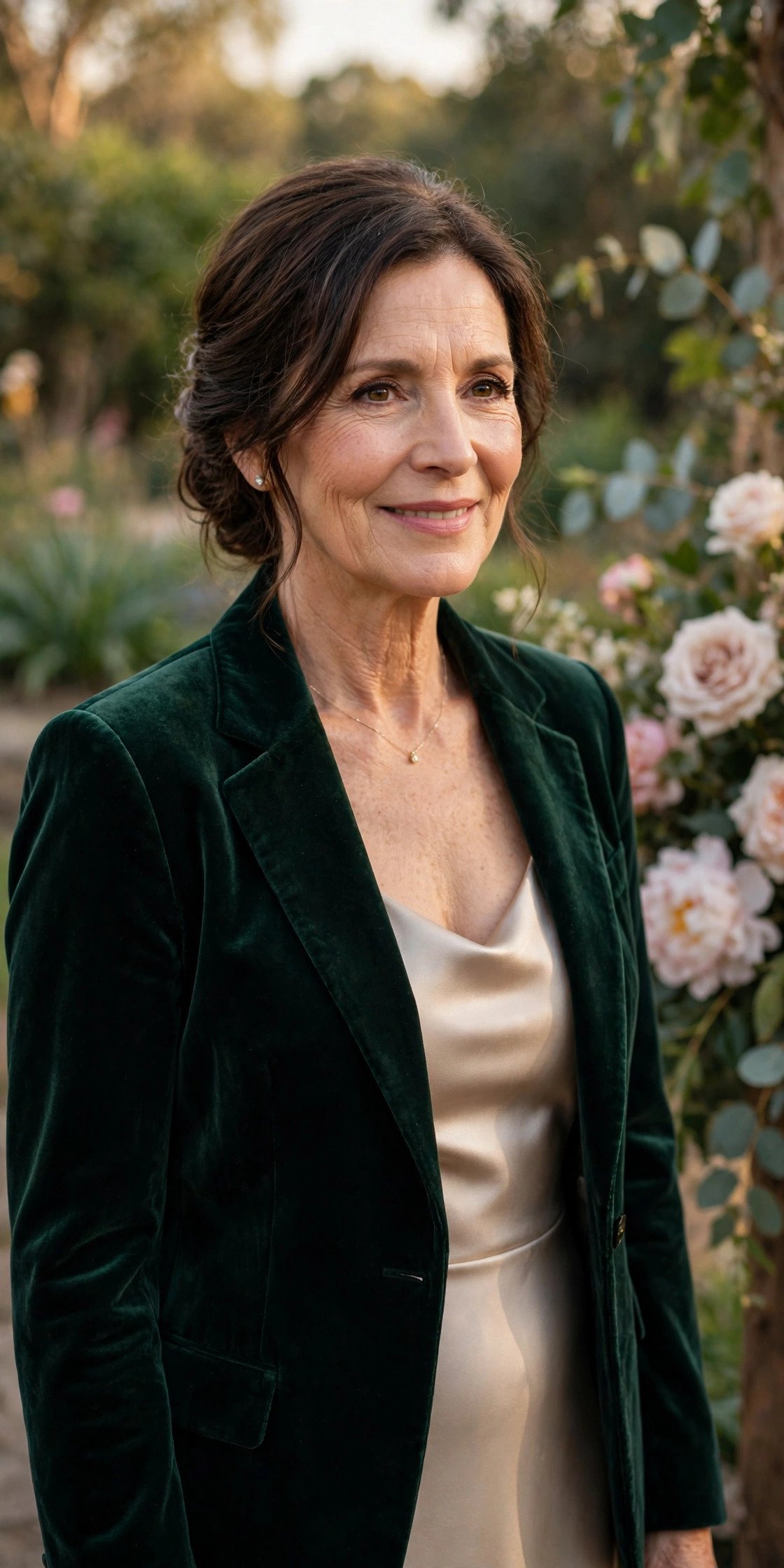 Mother of the groom wearing a velvet blazer over a satin column dress