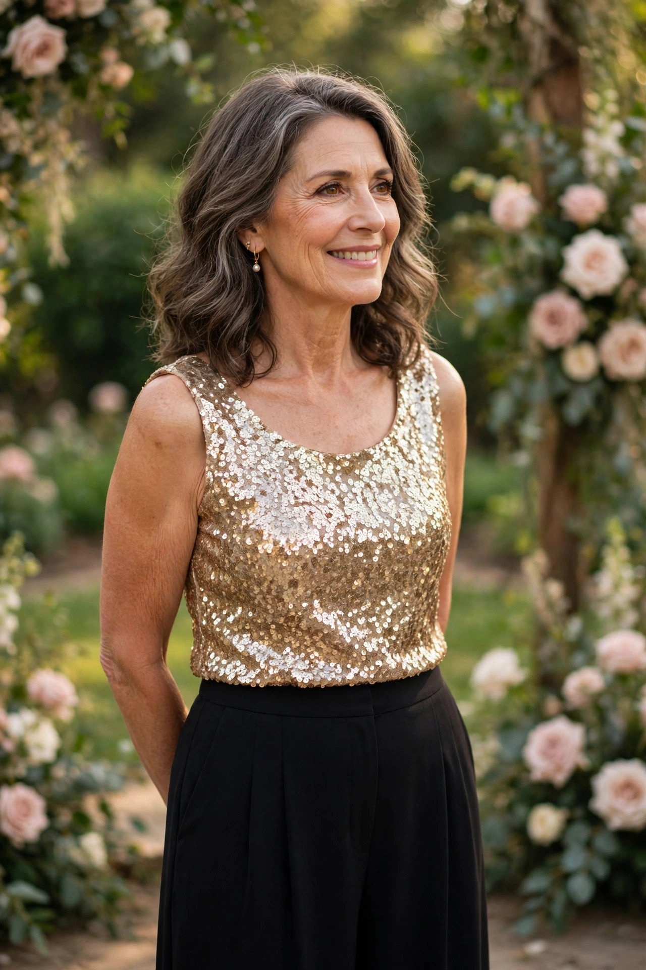 Mother of the groom wearing a sequin top with wide-leg black trousers