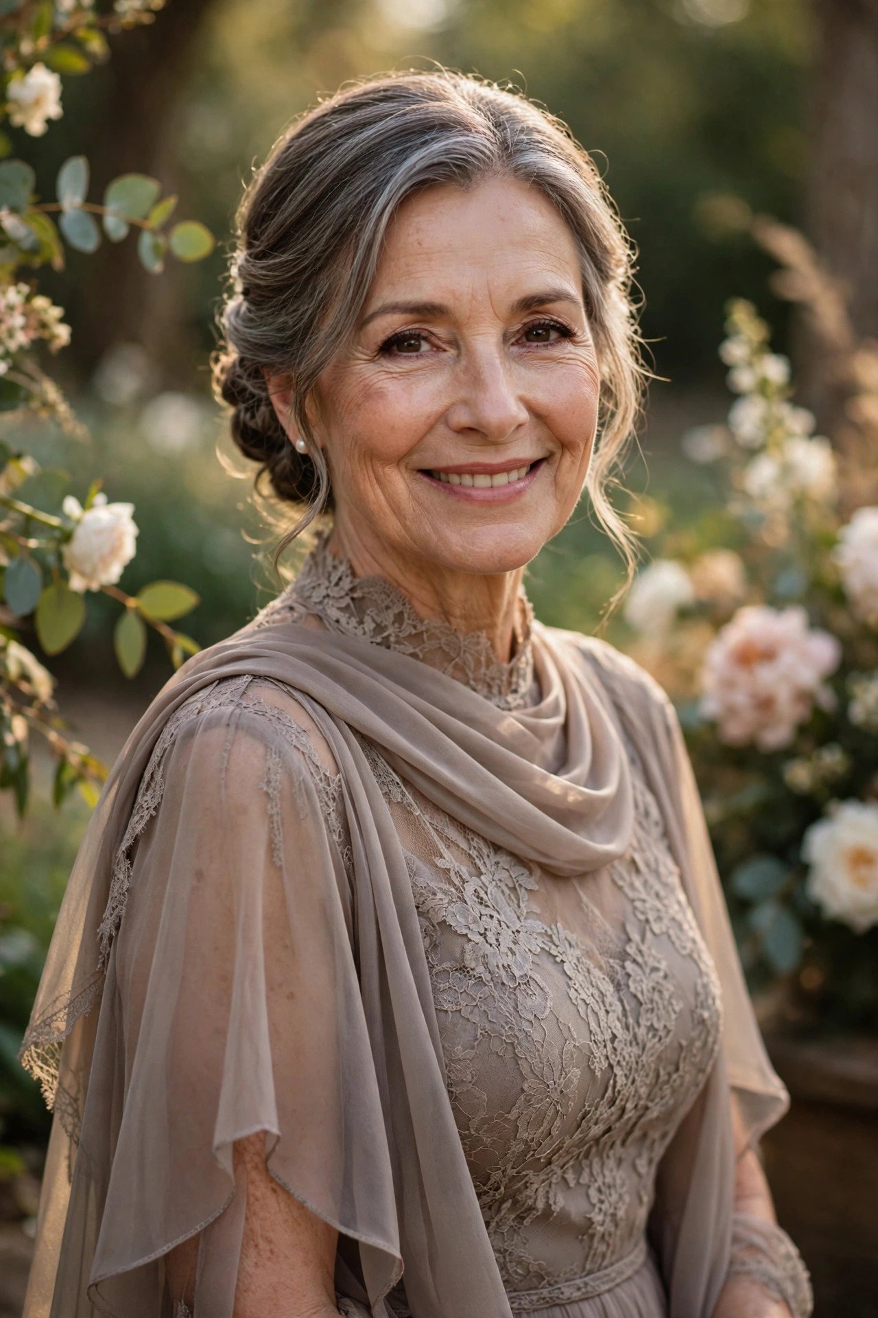 Mother of the groom in a monochrome taupe outfit with lace and chiffon textures
