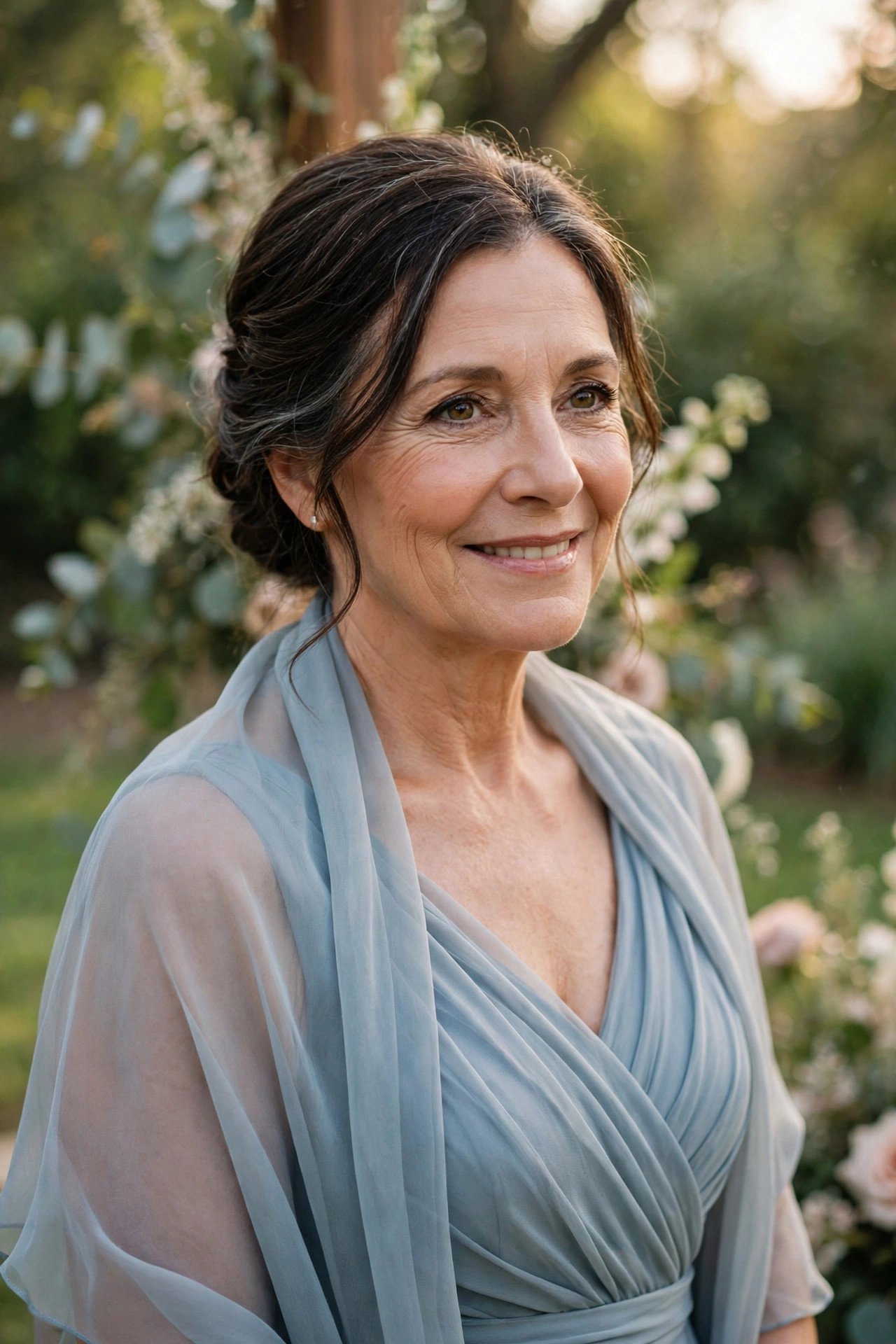 Mother of the groom wearing a chiffon dress with a matching sheer wrap over her shoulders