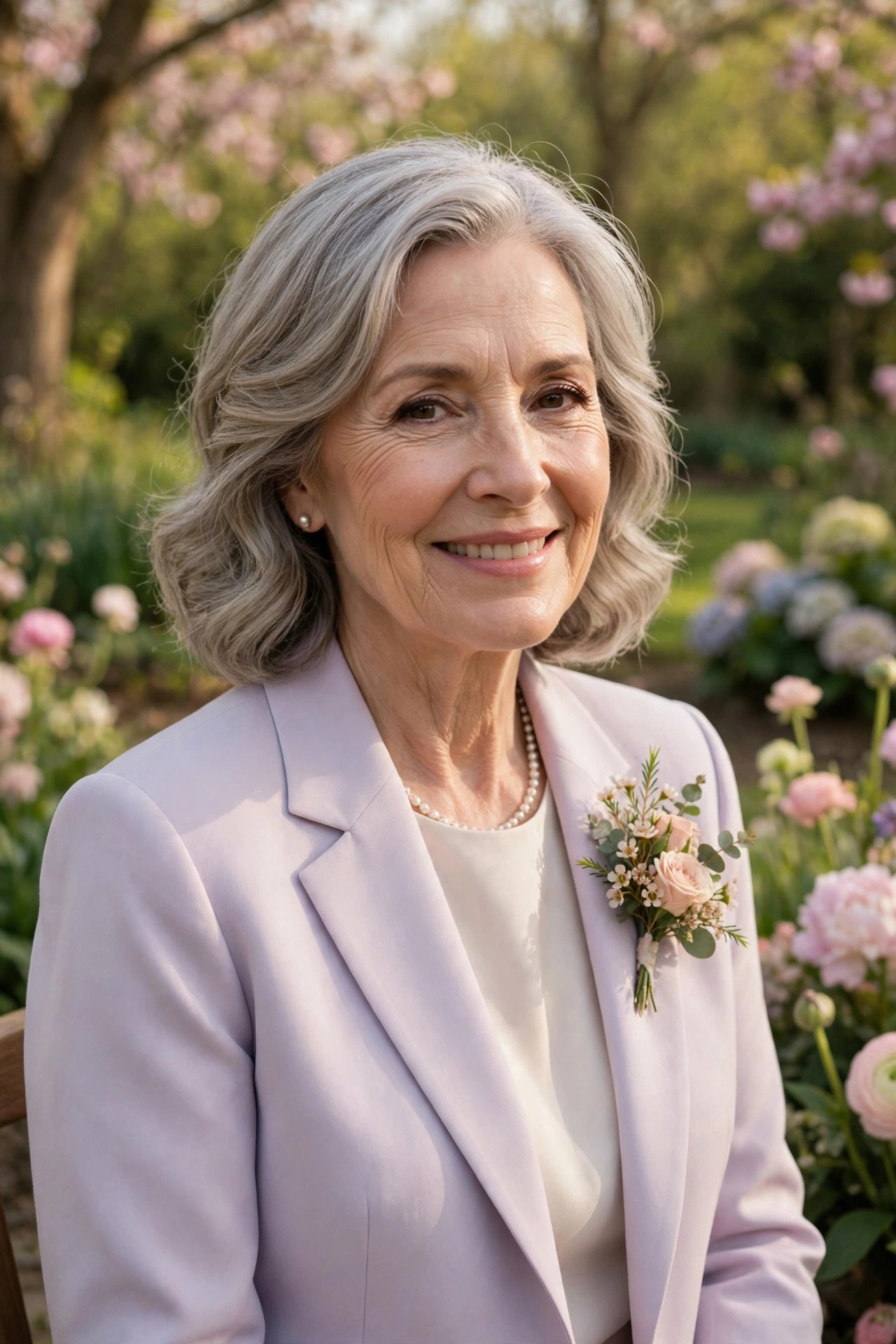 Mother of the groom wearing a soft pastel suit at a spring wedding