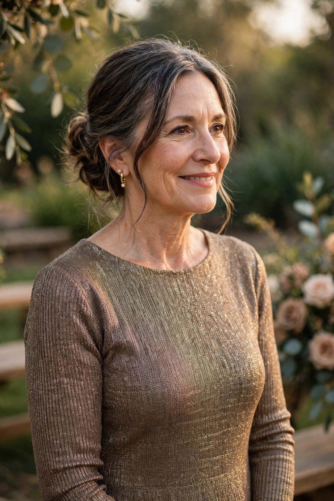 Mother of the groom in a metallic knit long-sleeve dress, comfortable and elegant