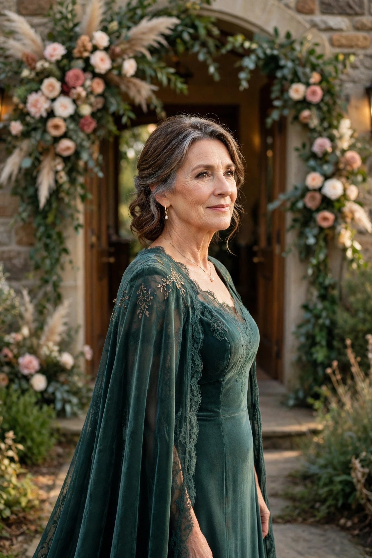 Mother of the groom wearing a gown with an attached cape at a formal wedding entrance
