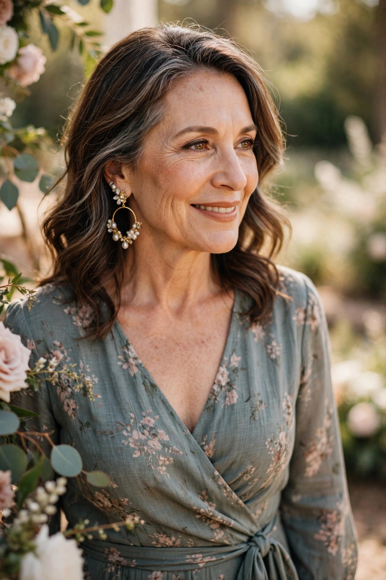 Mother of the groom wearing a wrap dress styled with statement earrings