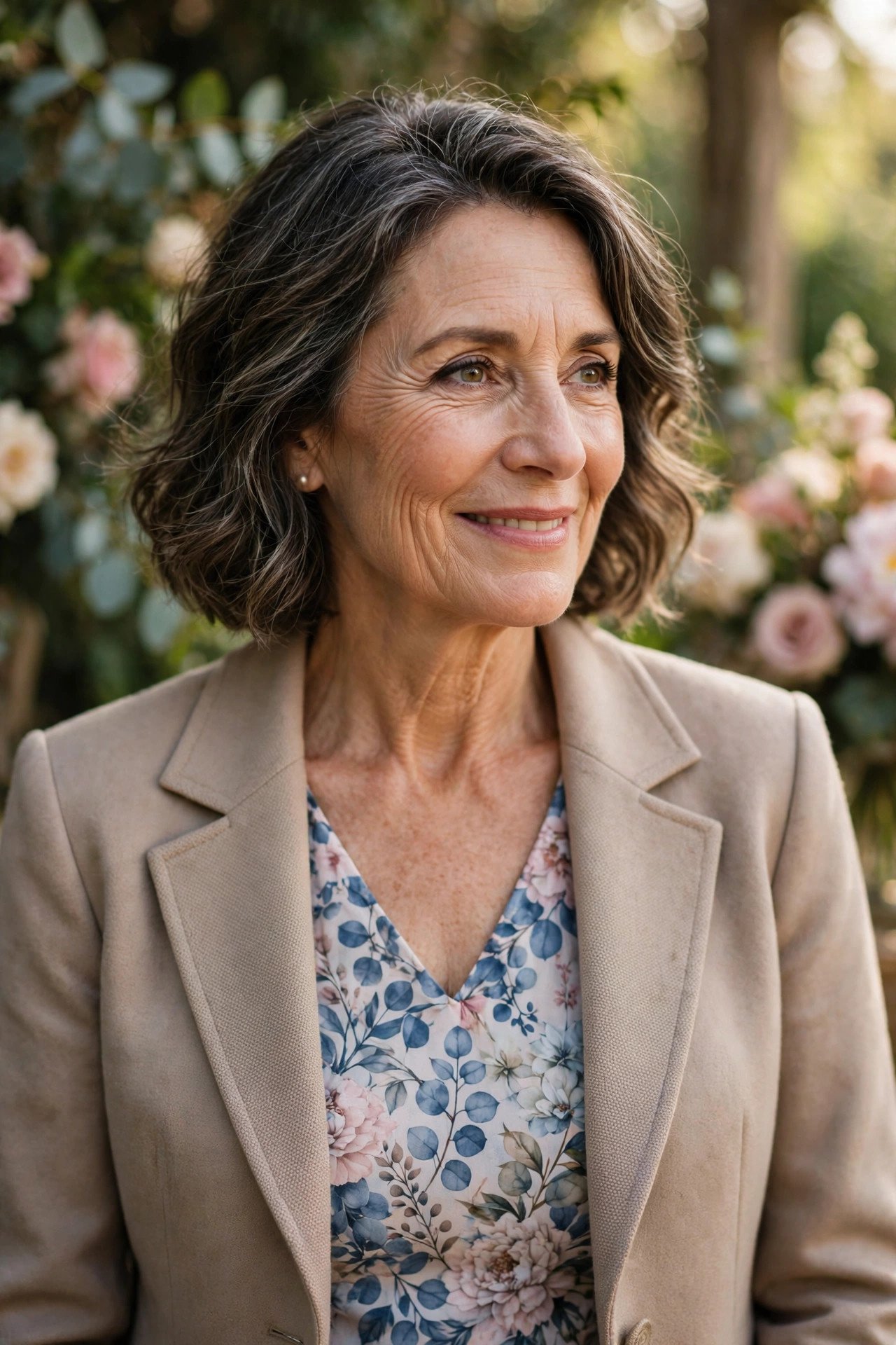 Mother of the groom wearing a printed dress with a solid tailored jacket