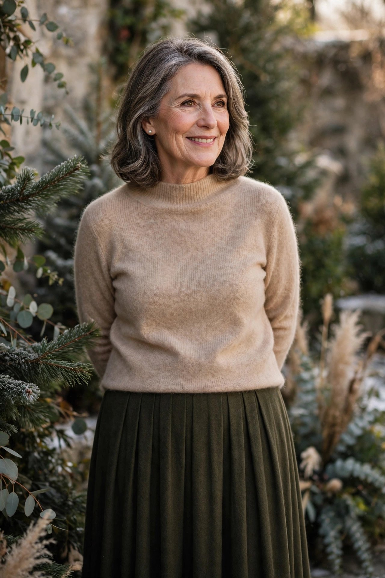 Mother of the groom wearing a long skirt with an elegant cashmere top in winter