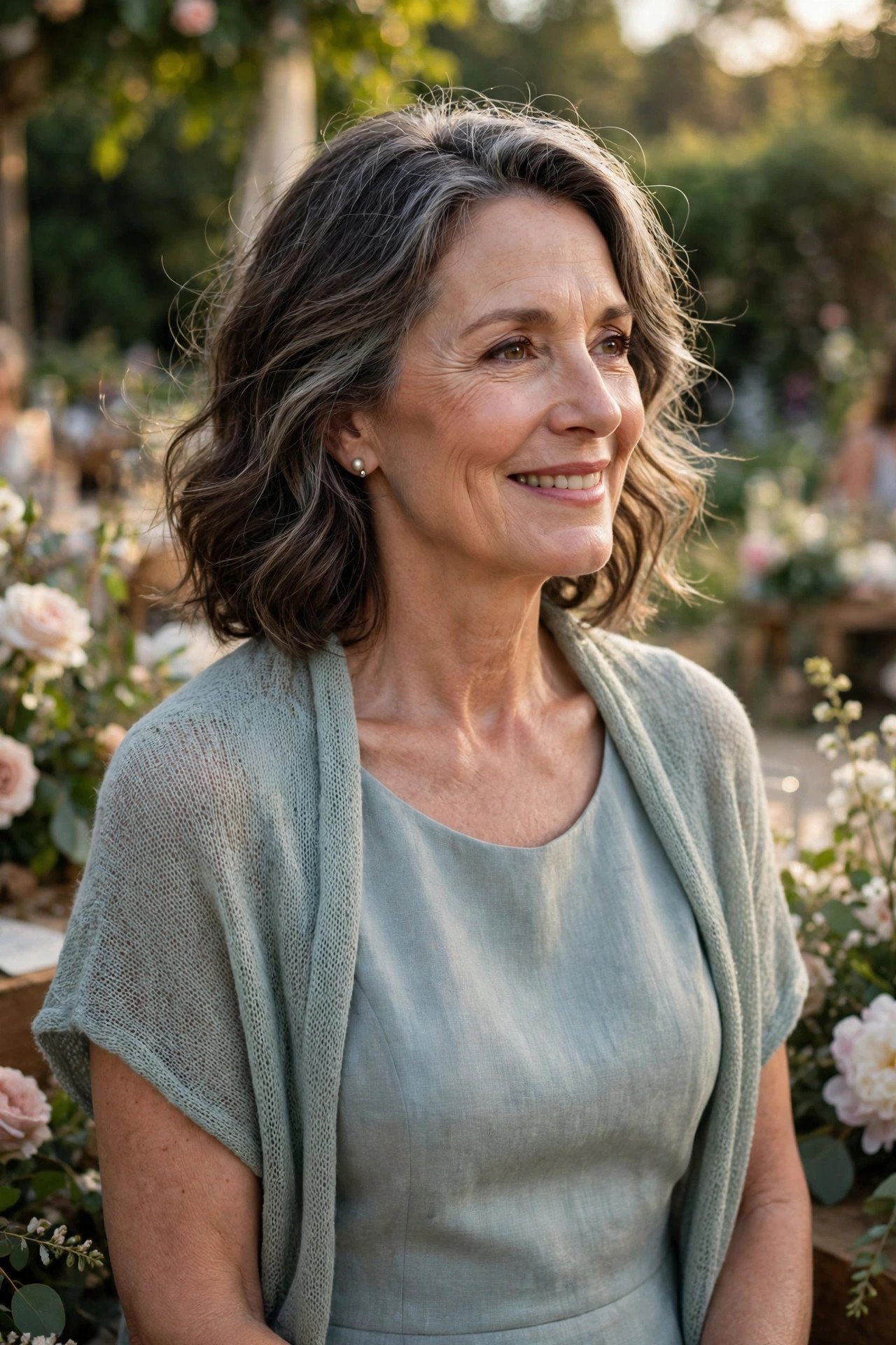 Mother of the groom in a sleeveless dress with a matching shrug for a summer wedding