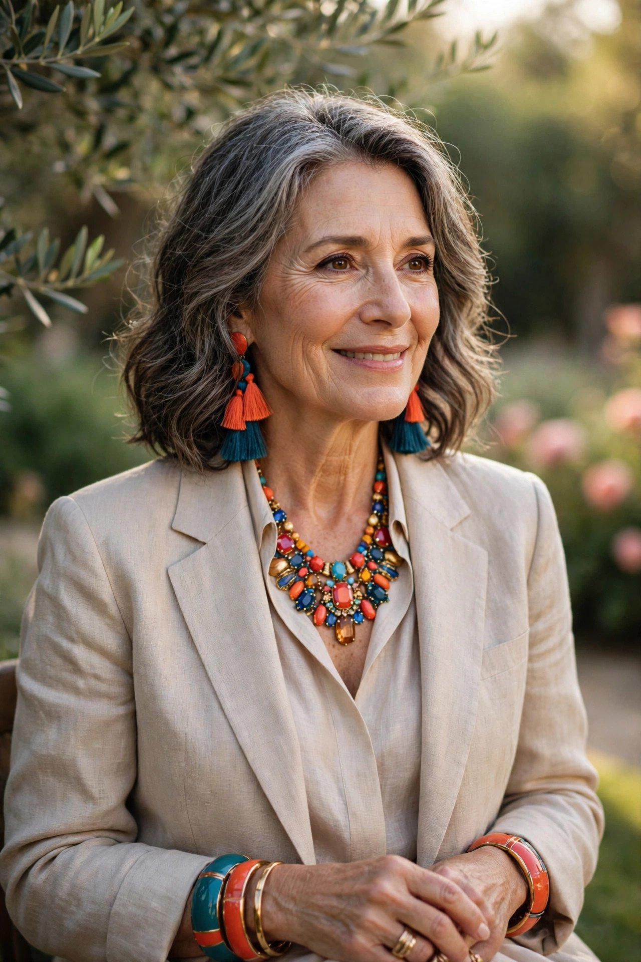 Mother of the groom wearing an oyster-colored outfit with bold colored accessories, couple approved