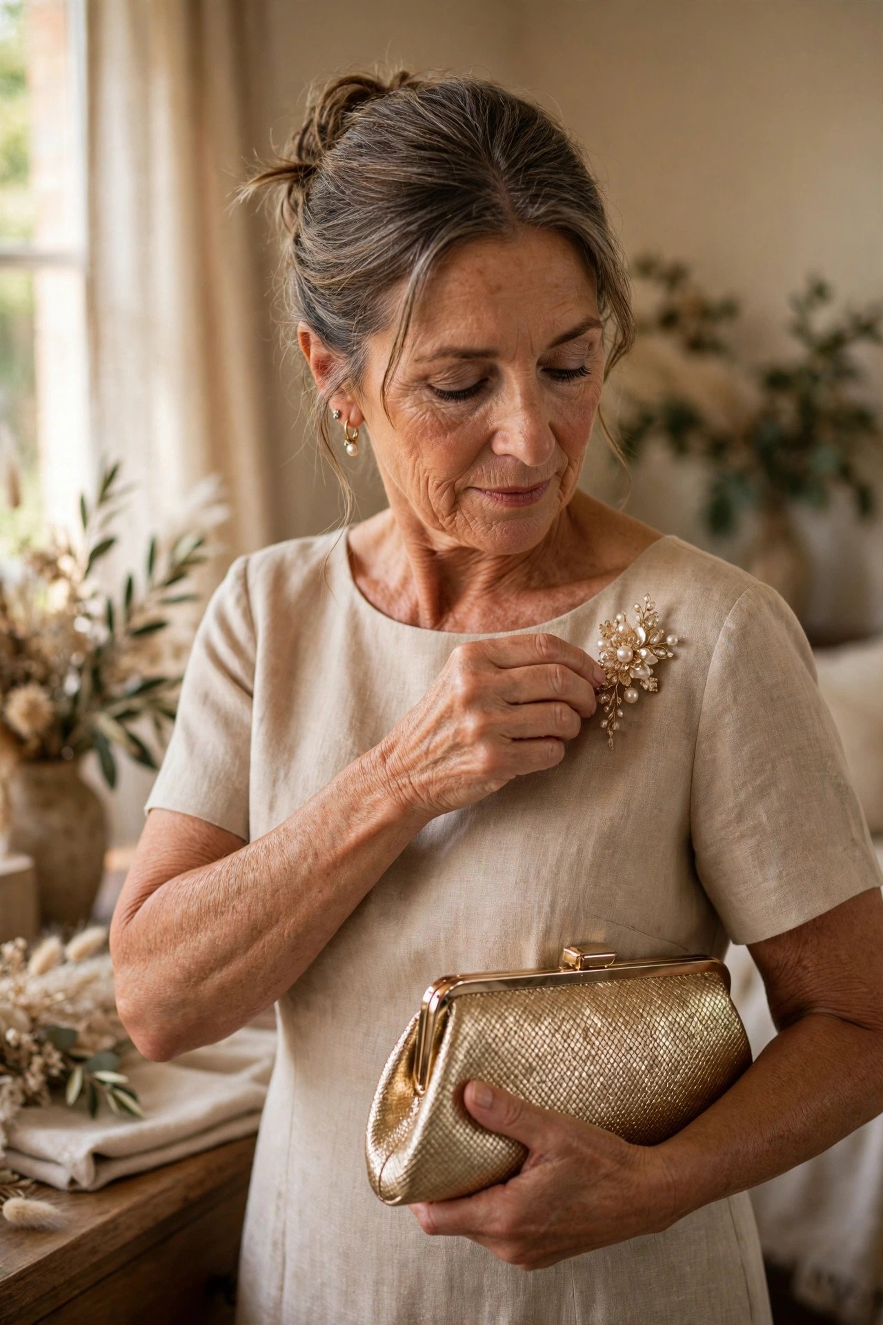 Mother of the groom accessorizing a simple dress with a brooch and metallic clutch