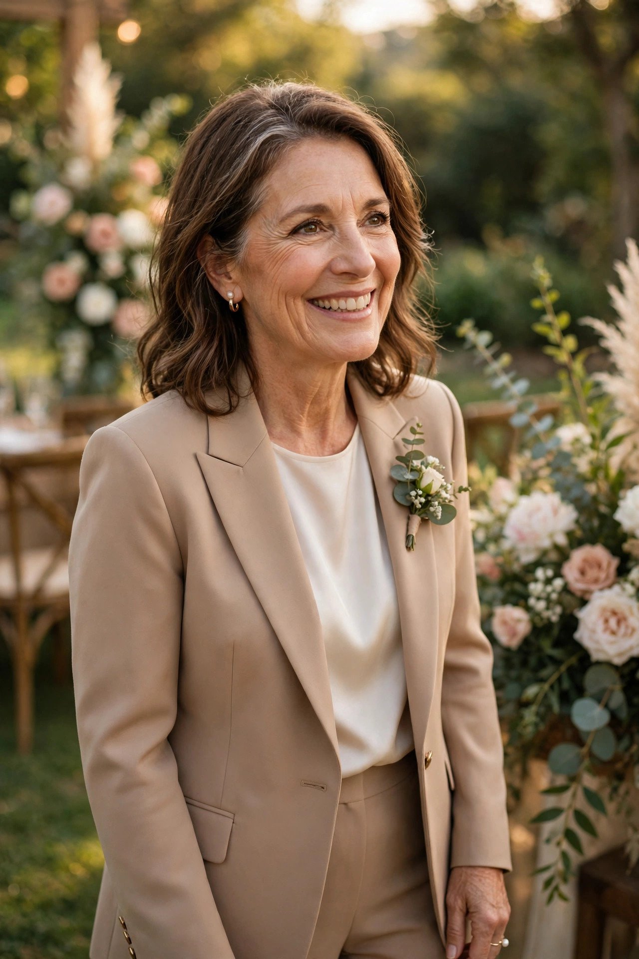 Mother of the groom in an elegant tailored pantsuit smiling at her son's wedding