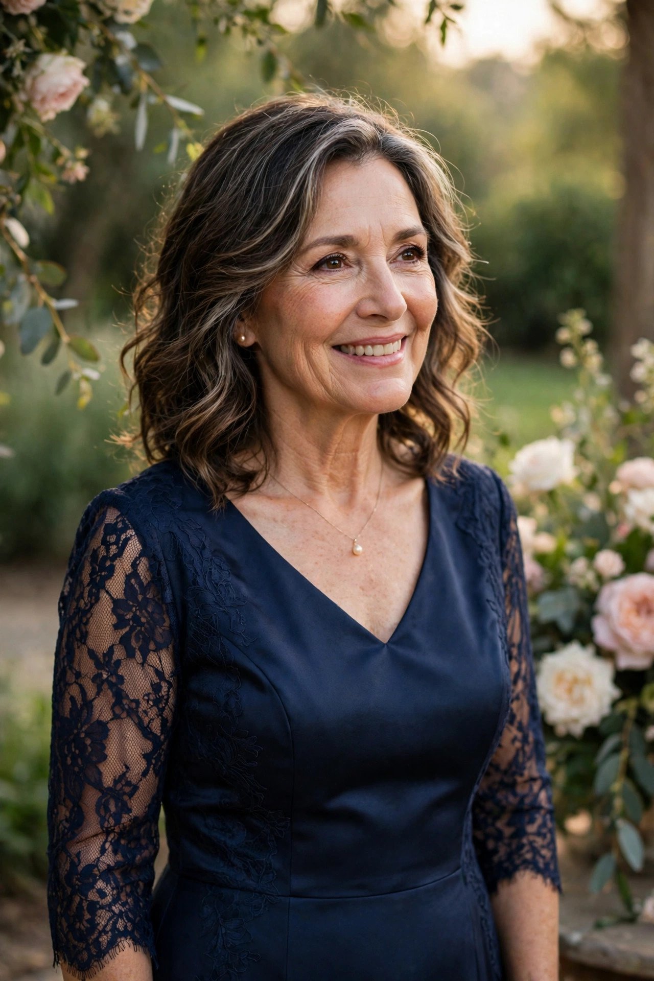 Mother of the bride wearing a navy dress, the classic MOB color