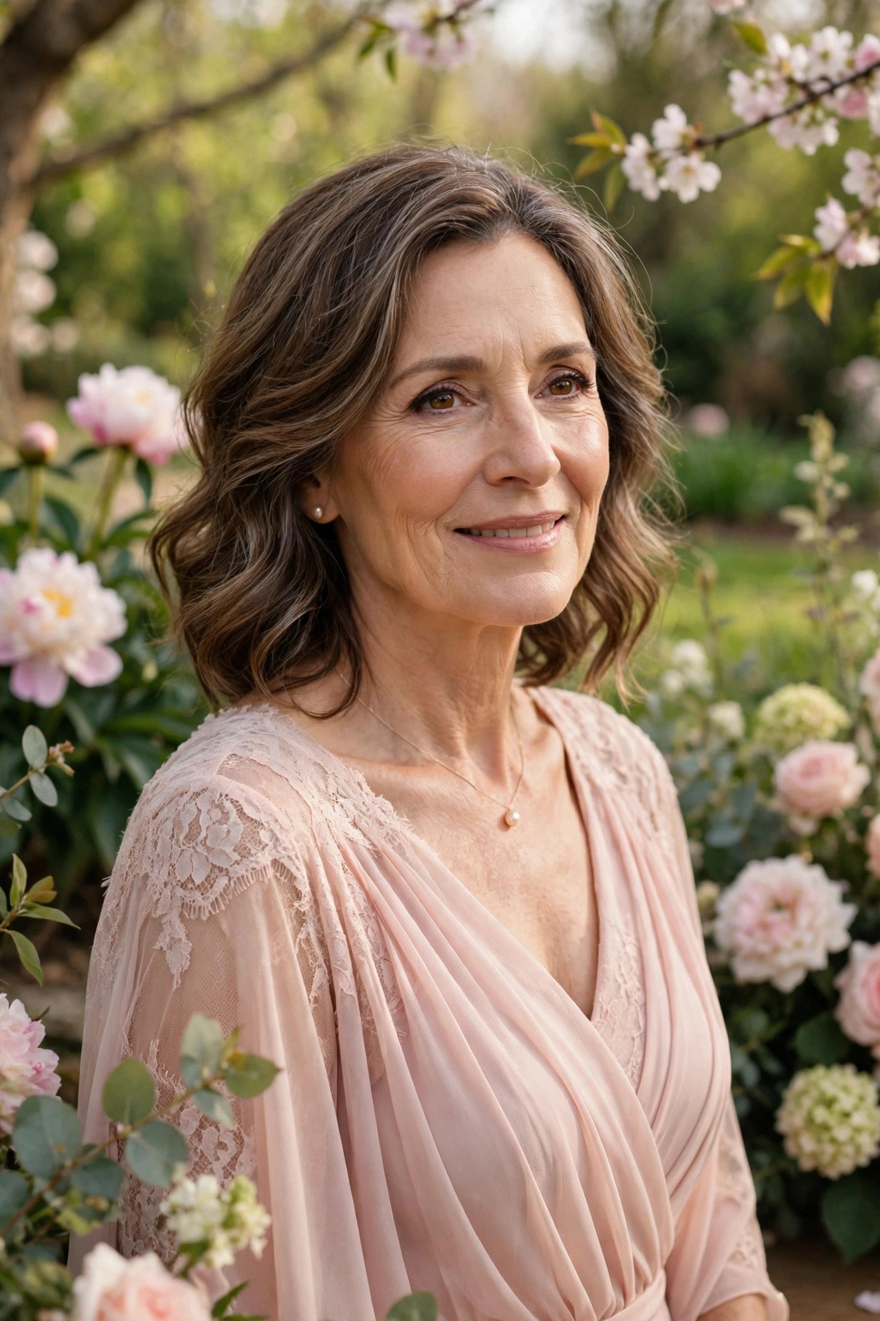 Mother of the bride wearing a blush pink dress at a spring garden wedding