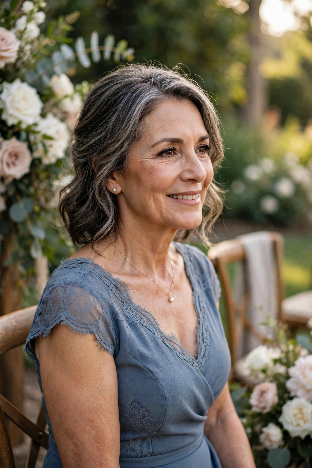 Mother of the bride in a dusty blue dress, a modern MOB color choice