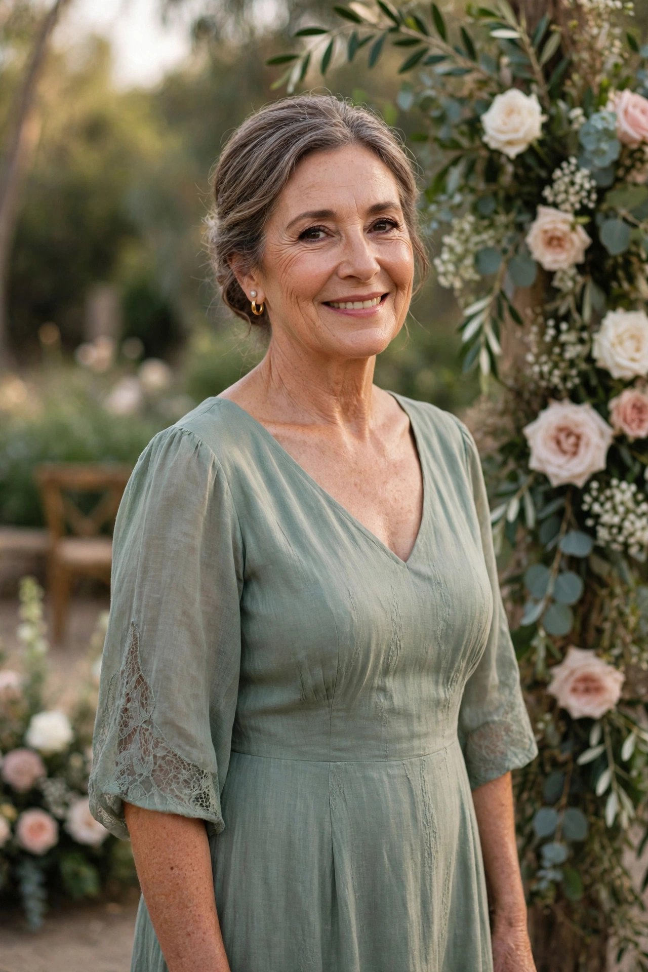 Mother of the bride wearing a sage green dress at an outdoor wedding