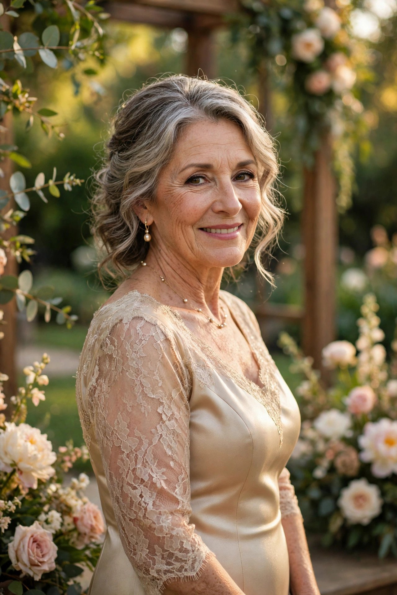 Mother of the bride in a champagne dress approved by the bride