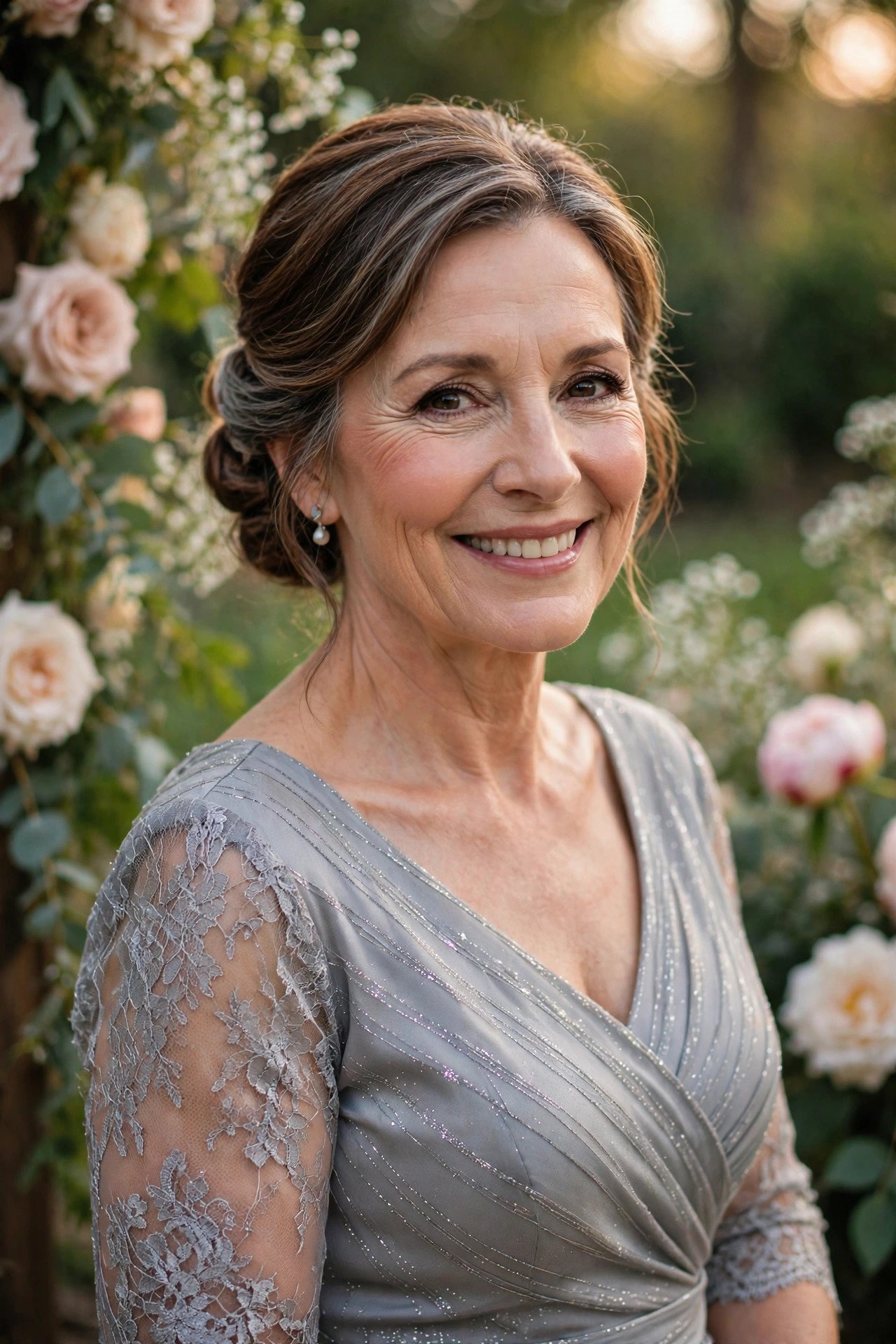 Mother of the bride in a silver grey dress with subtle shimmer
